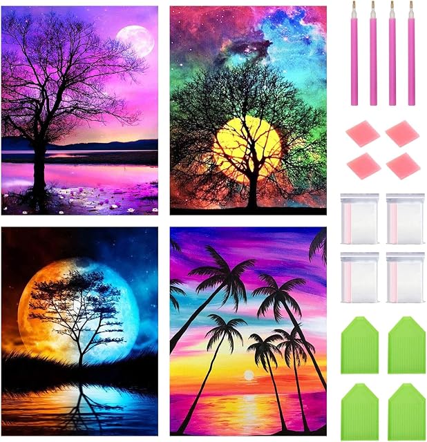 SupLetsico 4 Pack 5D Diamond Painting Kits for Adults, Sunset Moon DIY Diamond Art Kits Set, Full Drill Crystal Diamond Dot Kits for Home Wall Decor, 11.8 x 15.7, Without Frame
