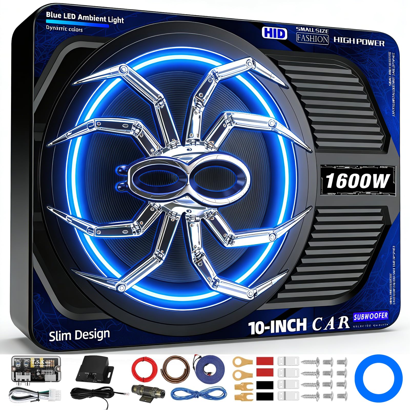 1600W Slim Underseat Car Subwoofer and Amp Package, Powered Subwoofer Car Audio with Built-in Class D Amplifier, Subsonic Deep Bass, Cast Aluminum, LED Ambient Light Switch,for Truck SUV Car