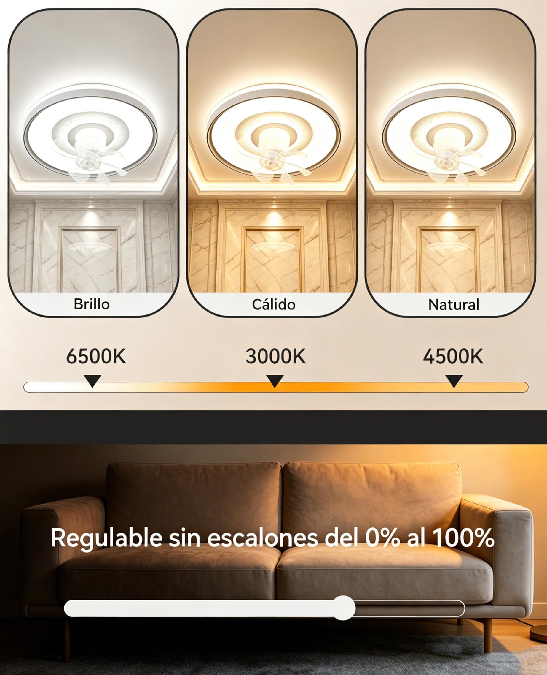 50cm ventilador de techo con luz silencioso cabezal giratorio lampara ventilador techo dormitorio 6 velocidades,3000 K-6500 K regulable mando distancia aplicación para salón, dormitorio la oficina