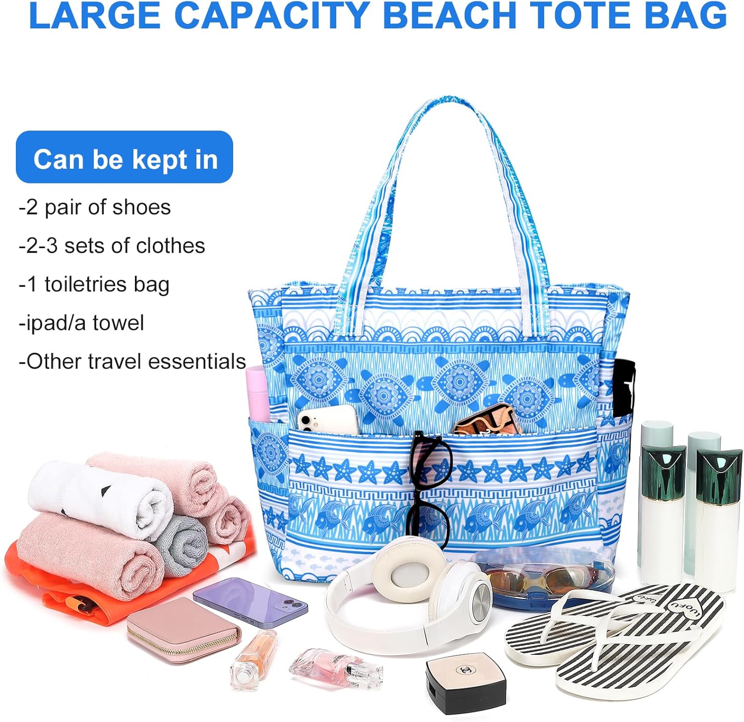 LEDAOU Beach Bag Waterproof Sandproof Women Beach Tote Pool Bag with Zipper for Gym Grocery Travel with Wet Pocket | Sandproof, with Zipper, for Gym, Grocery, Travel, with Wet Pocket - Image 7