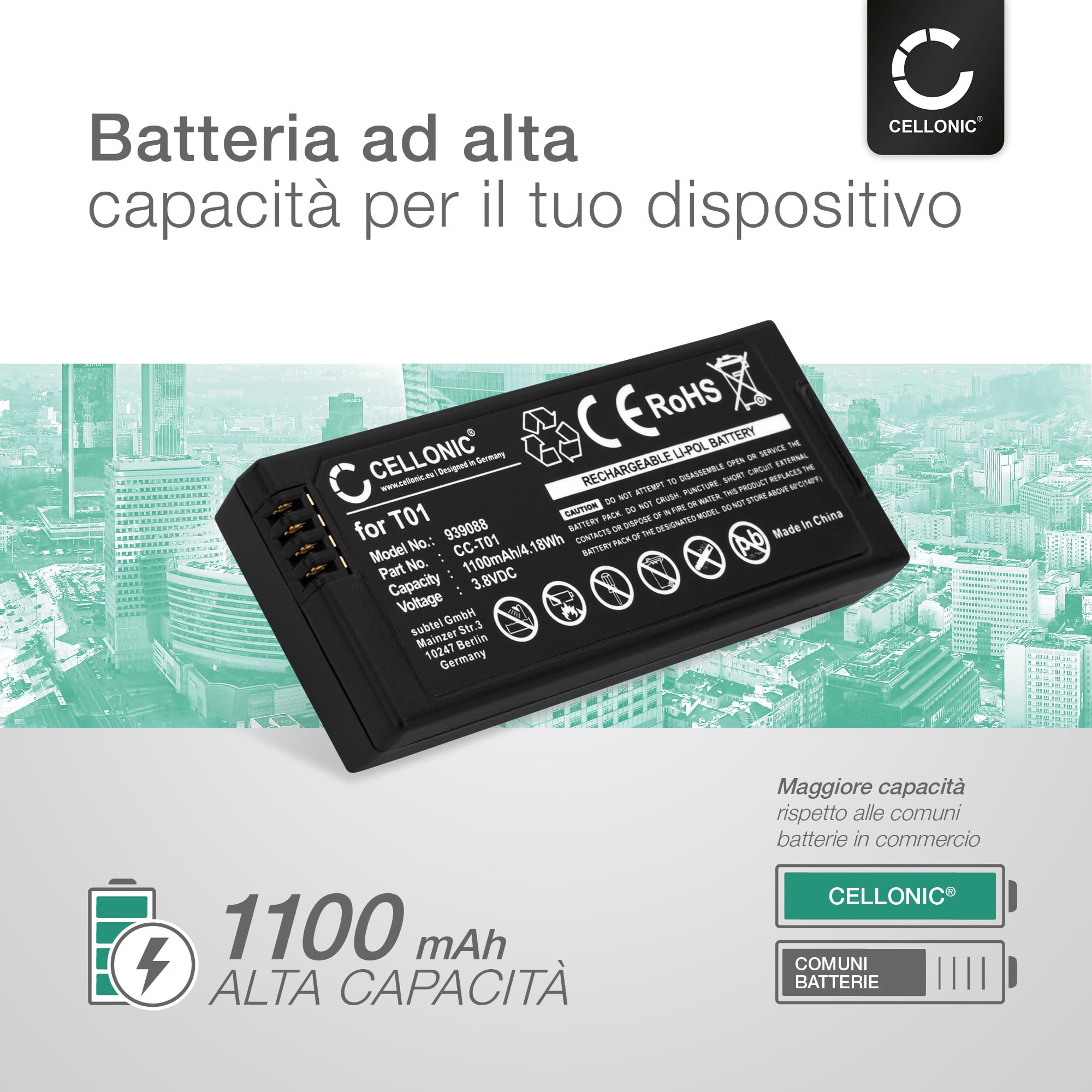 CELLONIC 1x Batteria per Drone Compatibile con DJI Tello, T01 – (1100mAh, 3.8V)