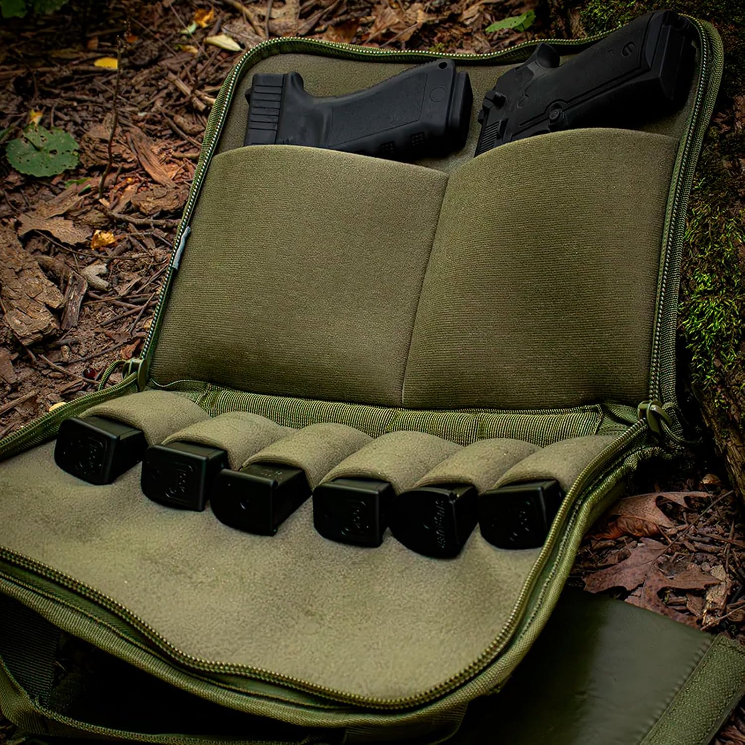 Fox Outdoor Products Dual Tactical Pistol Case, Padded Water-Resistant 2-Gun Carry Bag with 6 Magazine Pouches, 14x10.5x4"