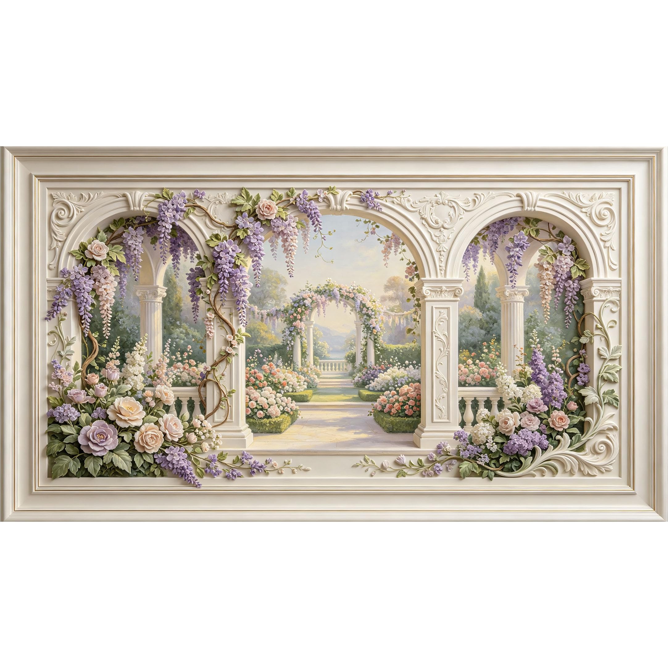 QZLITHOTIC 50×90cm3D Framed Wall Art， Neoclassical Wisteria Arch Garden Self?Adhesive Mural， Water?Activated Peel & Stick Fabric Decor Wall Decal for Bedroom Living Room