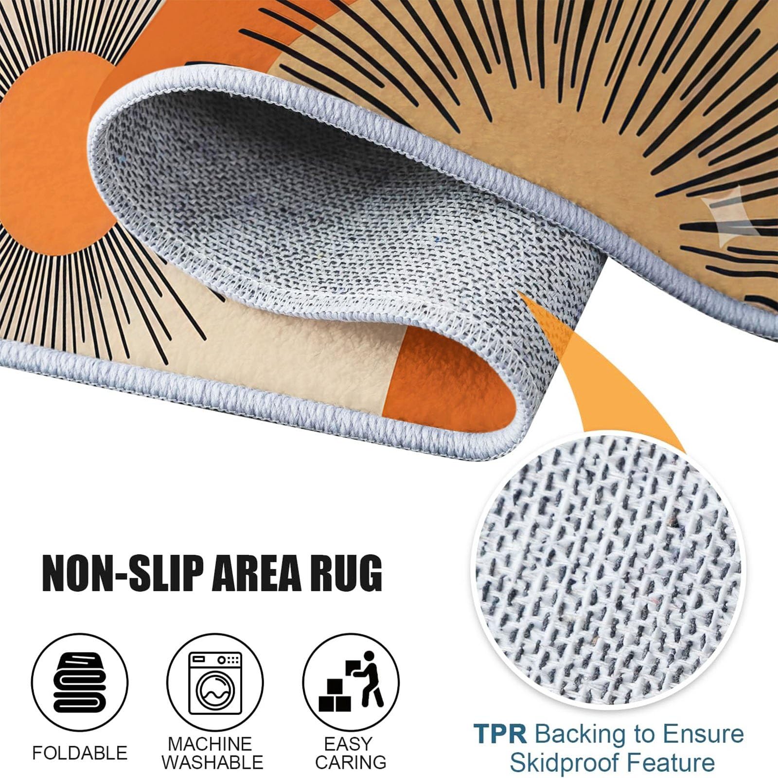 Tappeto rotondo moderno stile retrò metà secolo lavabile cerchio linea sole geometrico morbido tappeto in finta lana, 200 cm antiscivolo tappeto rotondo ideale per soggiorno, camera da letto, studio