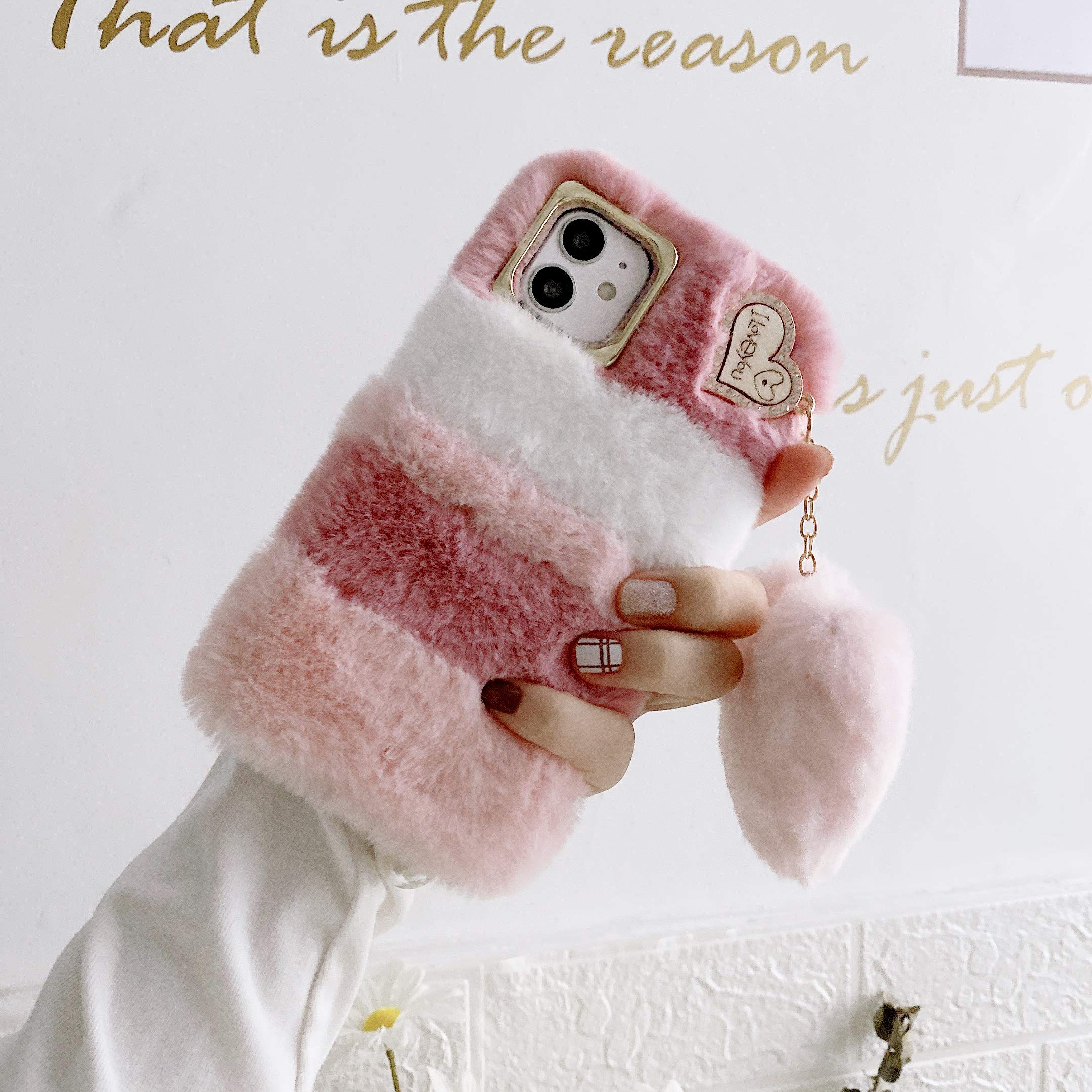 Nadoli per Realme C35 Peluche Peloso Custodia,Carino Inverno Caldo Fatto a Mano Morbido Pelliccia Antiurto Silicone Cover con Amore Cuore Forma Pendente