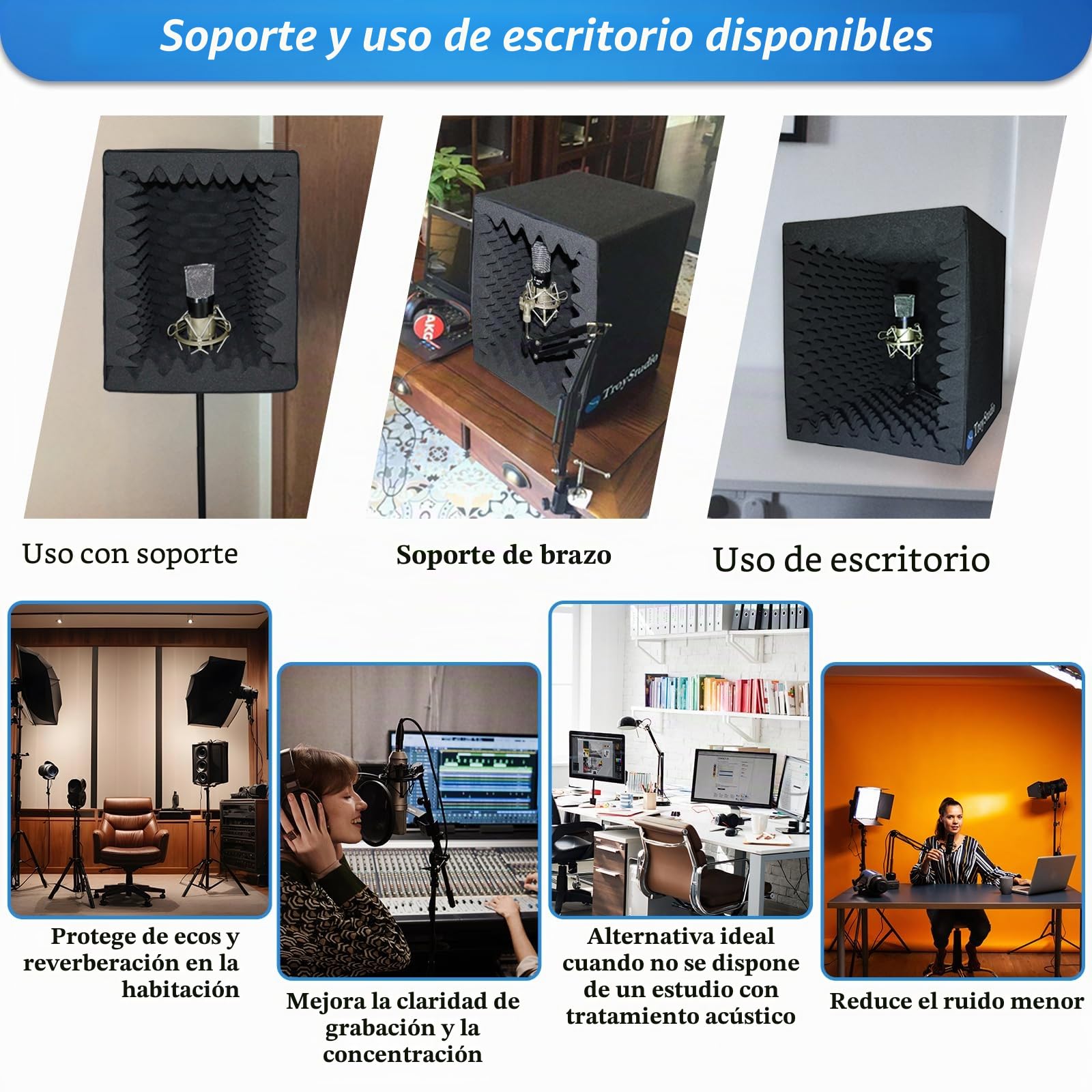 TroyStudio - Cabina vocal portátil, escudo de aislamiento de micrófono plegable grande, sonido de estudio de grabación de música, filtro de reflexión, soporte con espuma acústica densa espesada