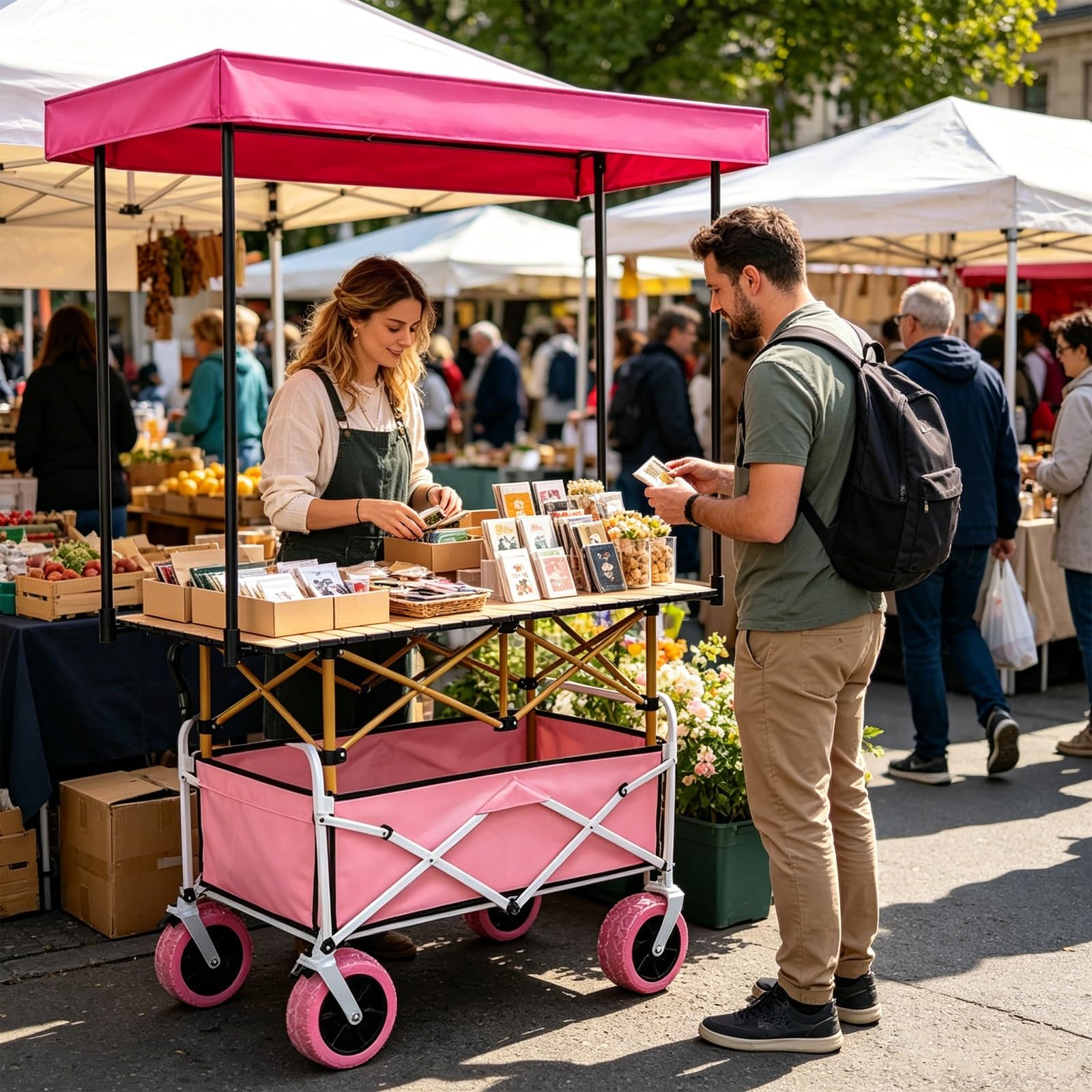 Marktstand Verkaufsstand, Faltbarer Imbisswagen mit Sonnendach, Griff und Rädern für Outdoor-Veranstaltungen, Streetfood und Märkte(Pink,94cm/37in)