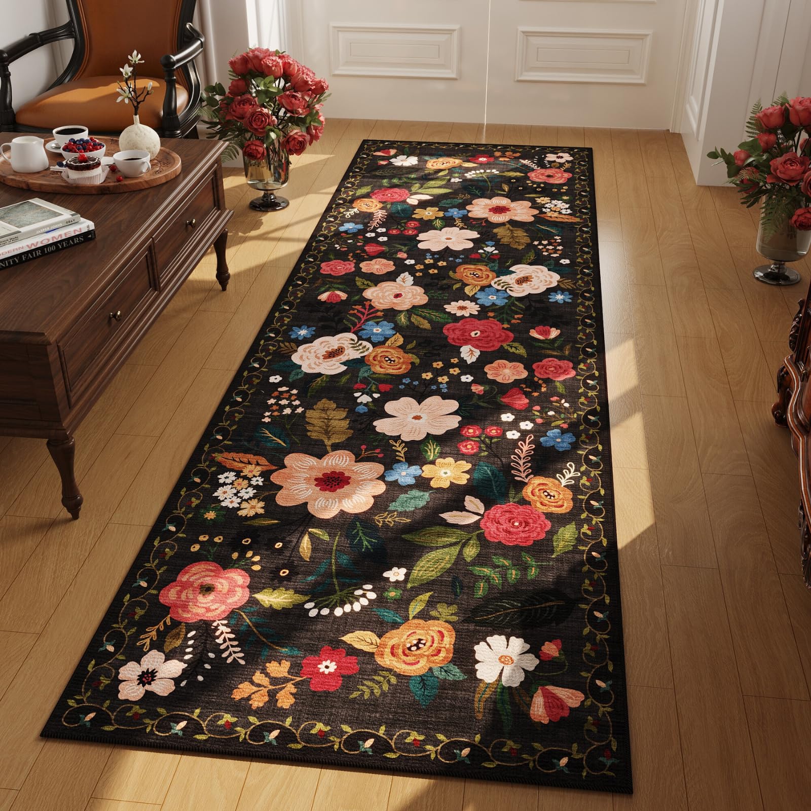 Rugcomf Runner Rug for Hallways Kitchen Rug Non Slip 2'6''x8' Washable Runner Rugs with Rubber Backing Soft Floral Carpet Runner for Hallways, Kitchen
