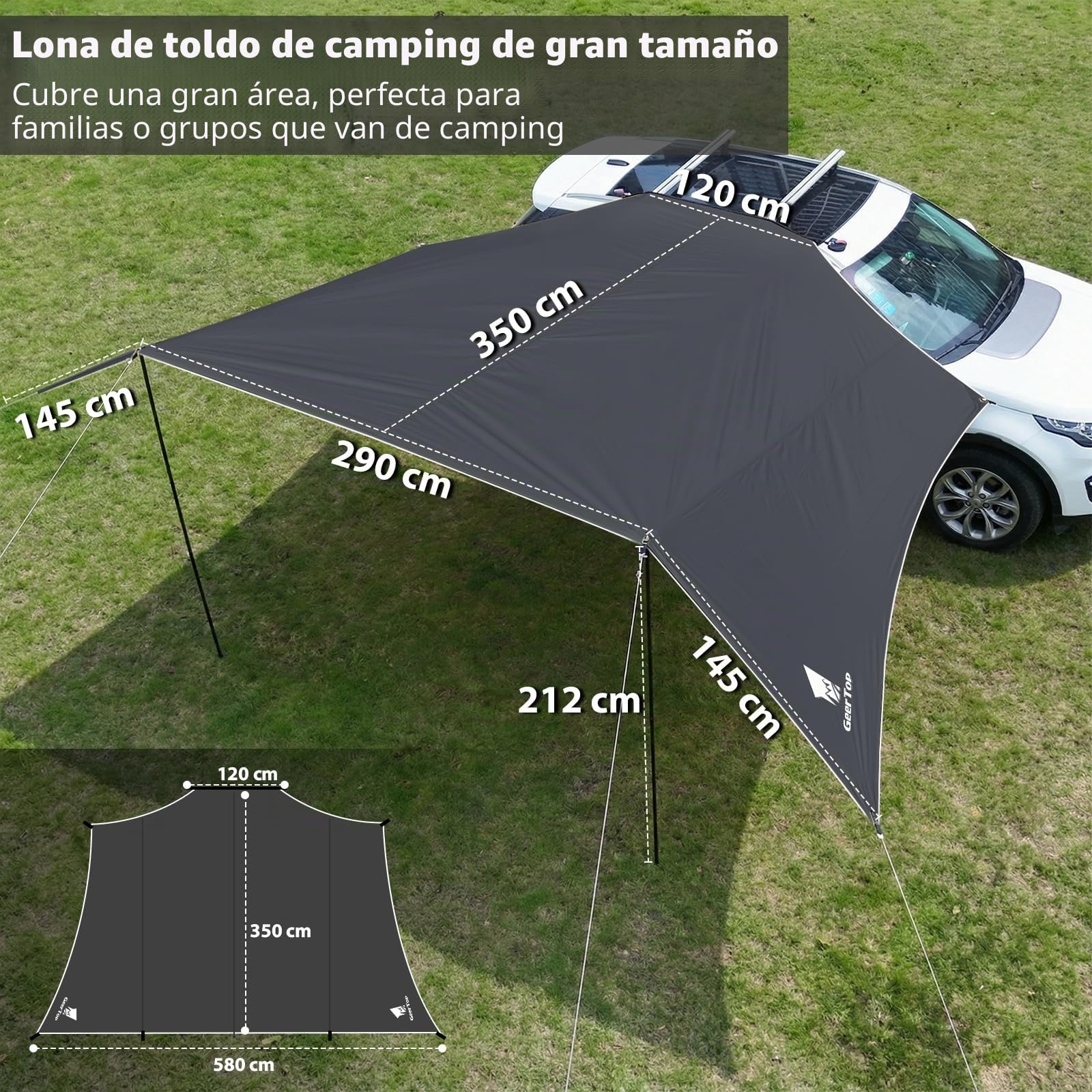 GEERTOP Toldo de 3,5 x 5,8 m, resistente al agua de 3000 mm, con 2 barras, toldo impermeable para coche, camping, SUV, MPV, autocaravana (gris)