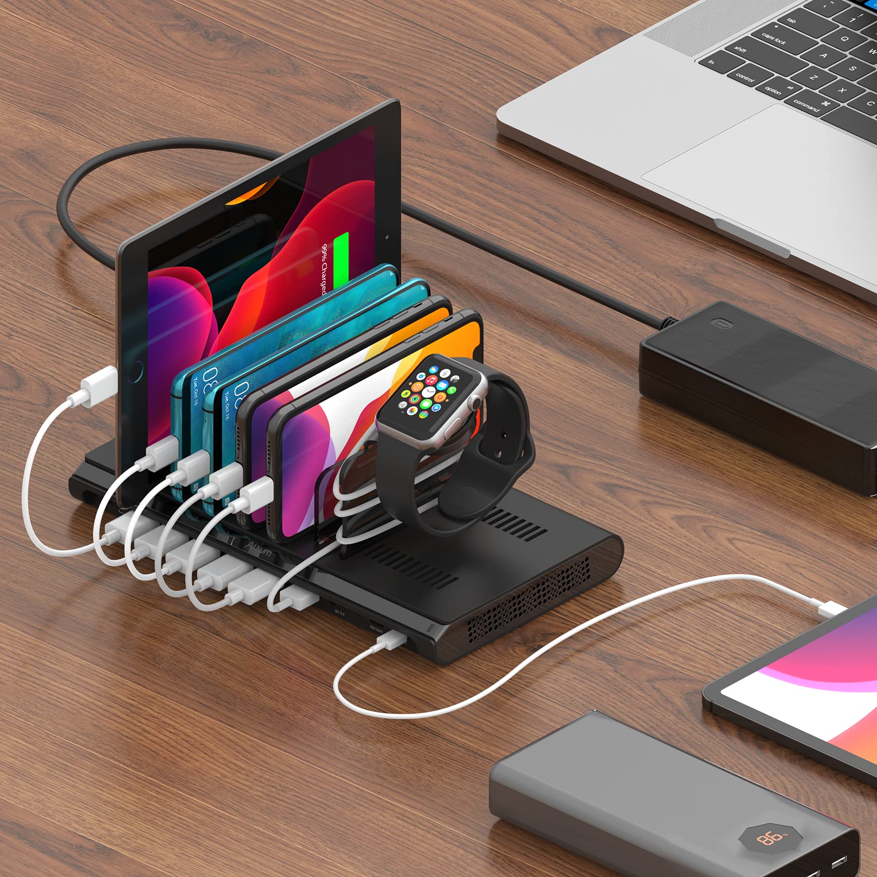 Alxum Estación de Carga 96W y 10 Puertos,2 PD y 2 QC 3.0 para tabletas | Incluye un soporte para auriculares que permite cargar simultáneamente varios dispositivos, como el móvil y los auriculares