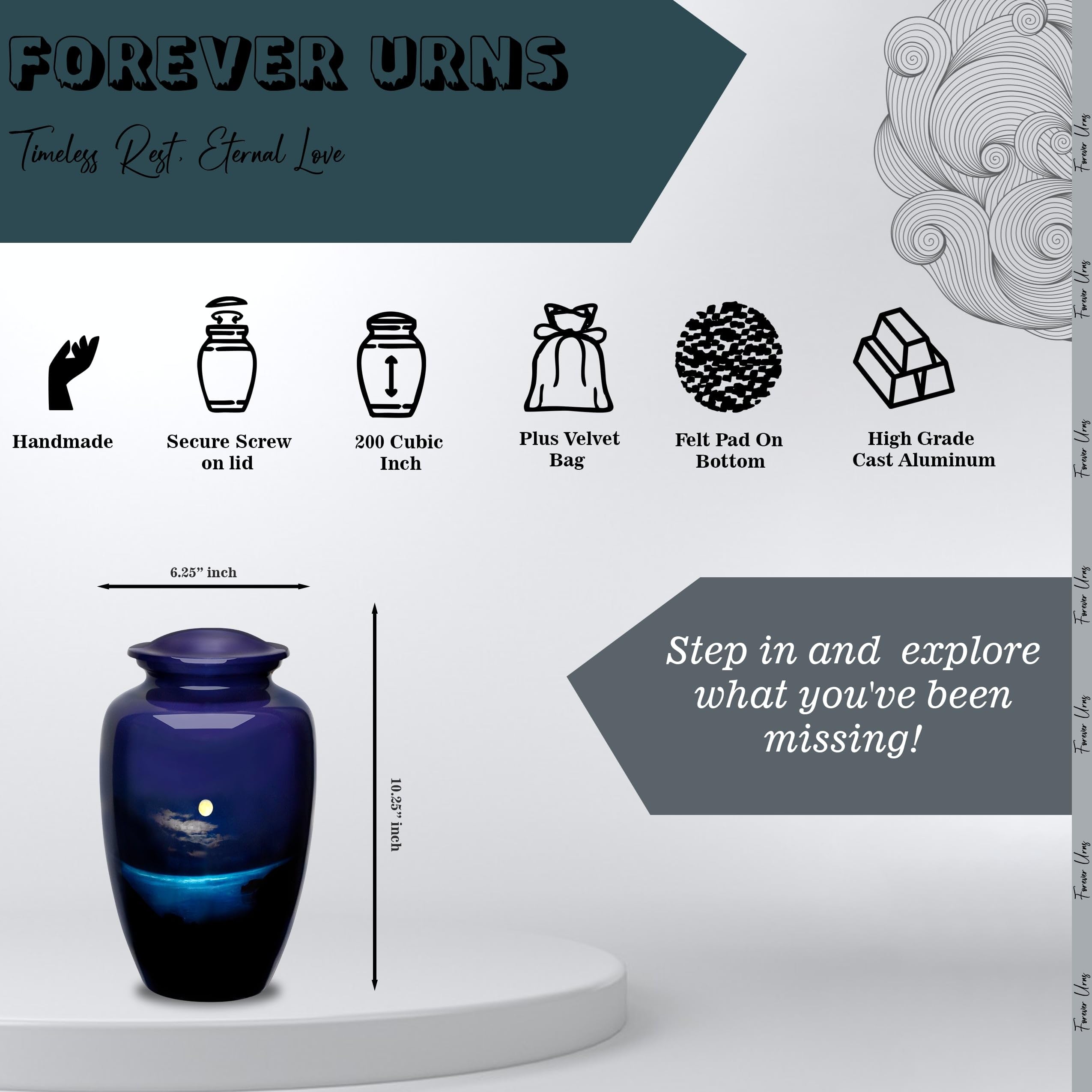 Forever URNS Adult Cremation Funeral Urn with Printed Moon Night Theme for Human Ashes of Female & Male | 200 cu in | Large | Multicolor | Completely Handcrafted with Velvet Protection Bag