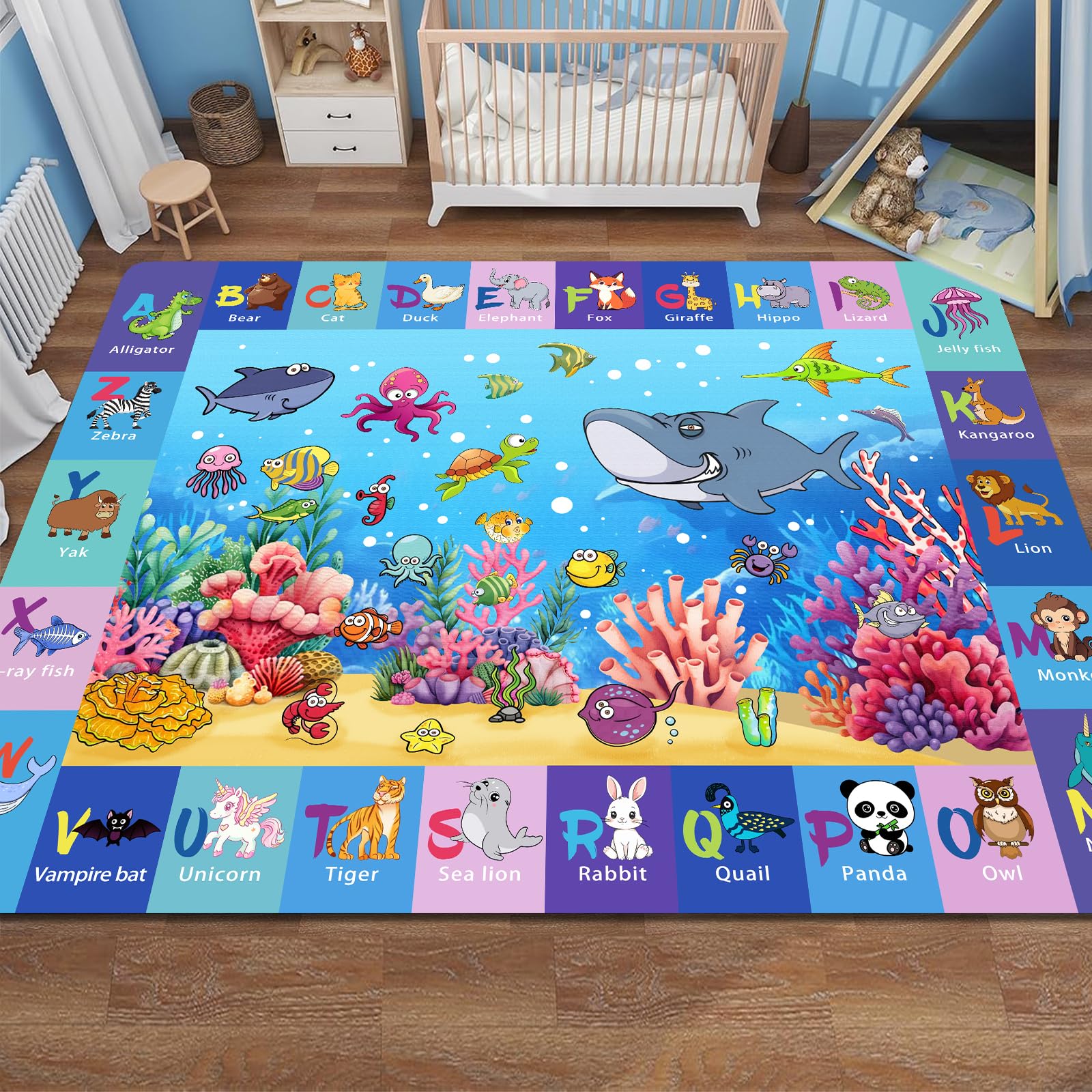 Alphabet Kids Rug for Playroom, 5x7 ABC Ocean Kid Play Mat, Preschool Area Rugs for Classroom, Sea Animals Educational Rugs Numbers Learning Mat