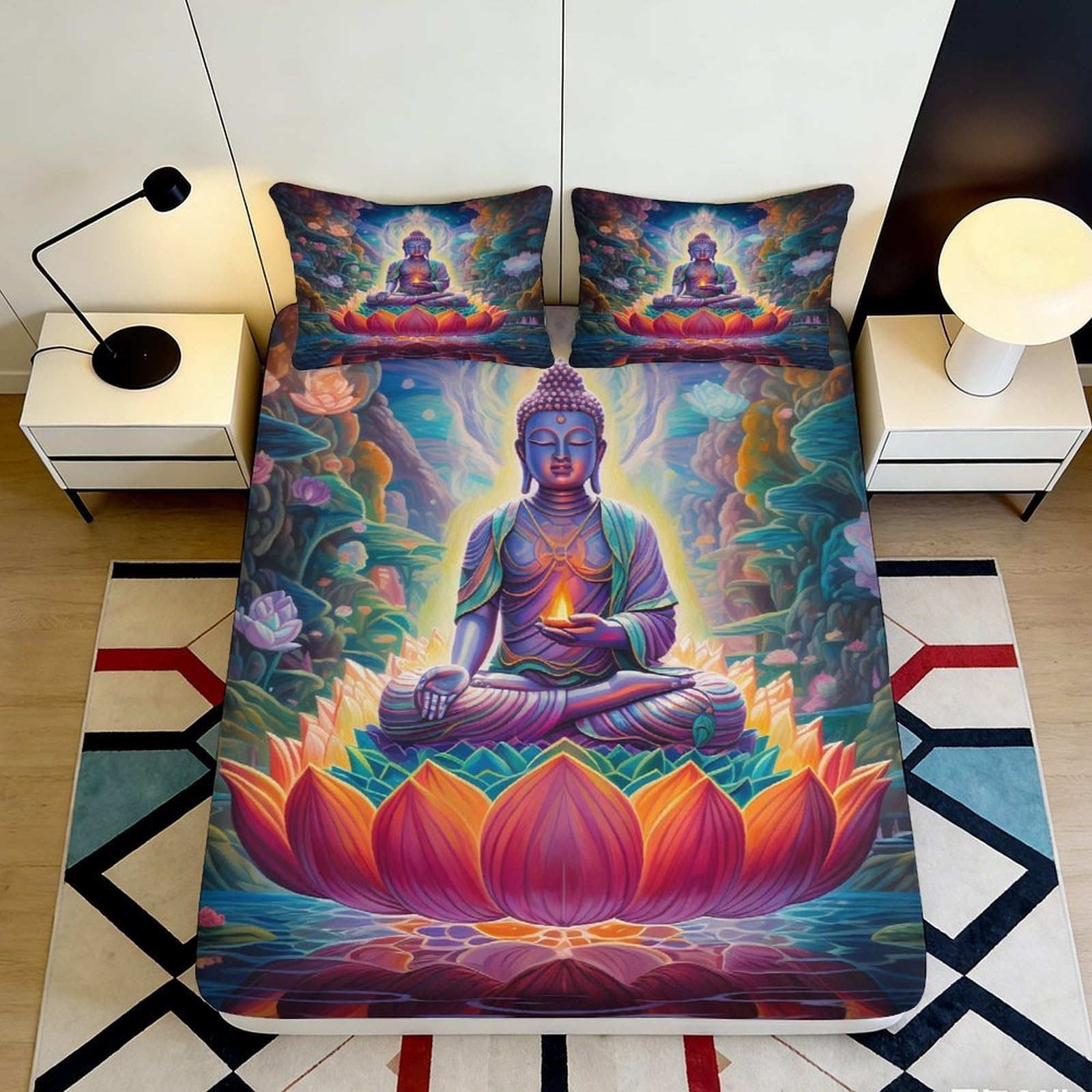 3D Printed Buddha Lotus Fitted Sheet Microfiber Vibrant Mandala Mattress Cover for Bedroom Guest Room Decor 90x200x25cm