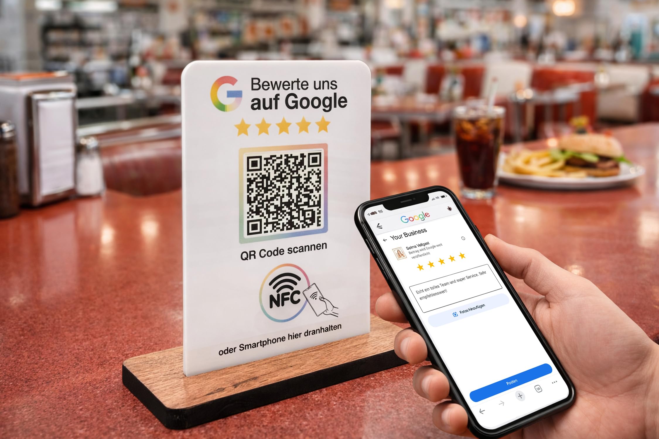 Espositore per valutazione google NFC & QR Code – Segnalo/Display per valutazioni per bancone, recensione, pratica, ristorante, studio – Espositore per recensioni/revisione (bianco, V1 DIN A5)
