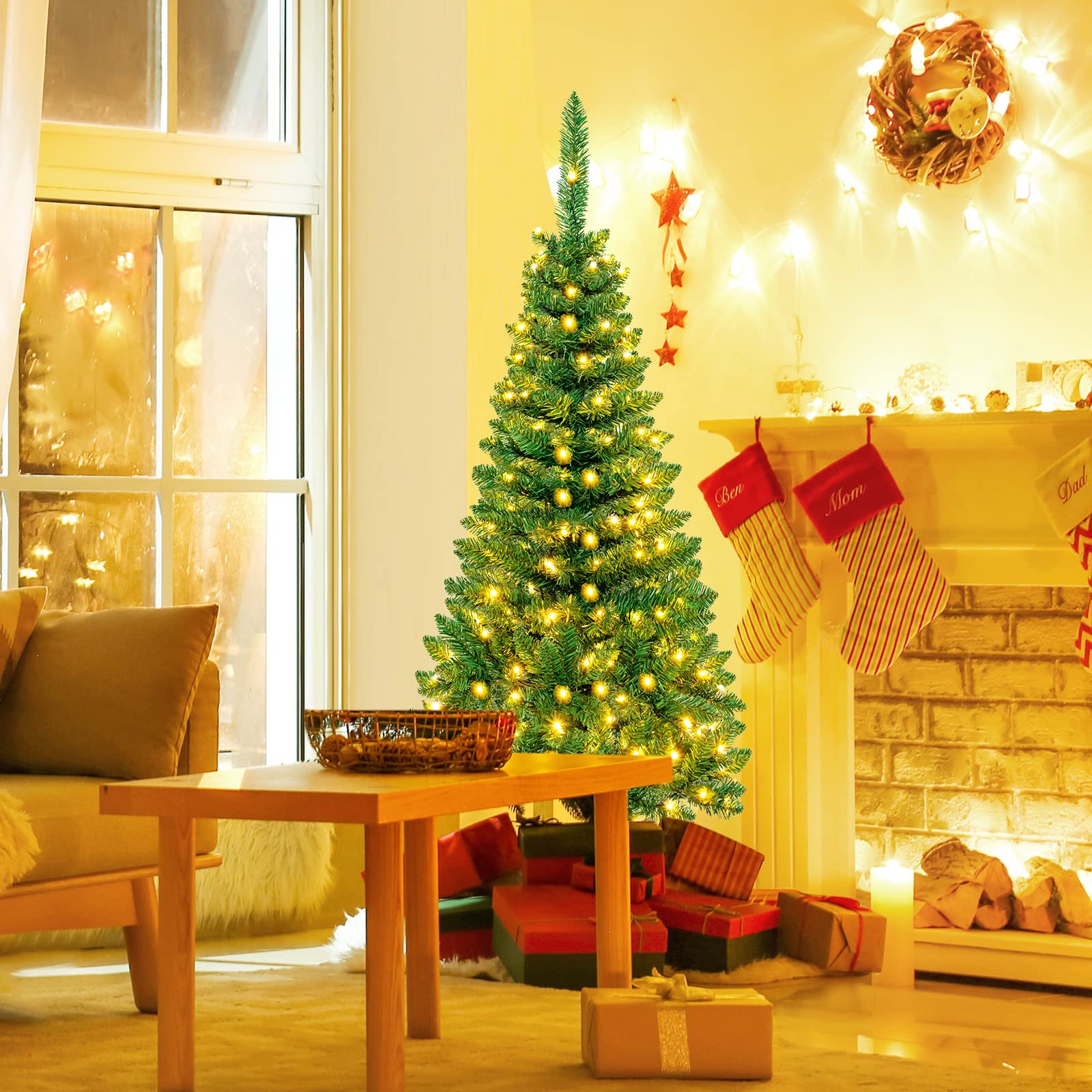 LIFEZEAL Bleistift Weihnachtsbaum, Künstlicher Tannenbaum mit warmweißen LED-Leuchten, Christbaum PVC Nadeln, Kunstbaum mit Klappsystem & Metallständer, Grün (200cm)