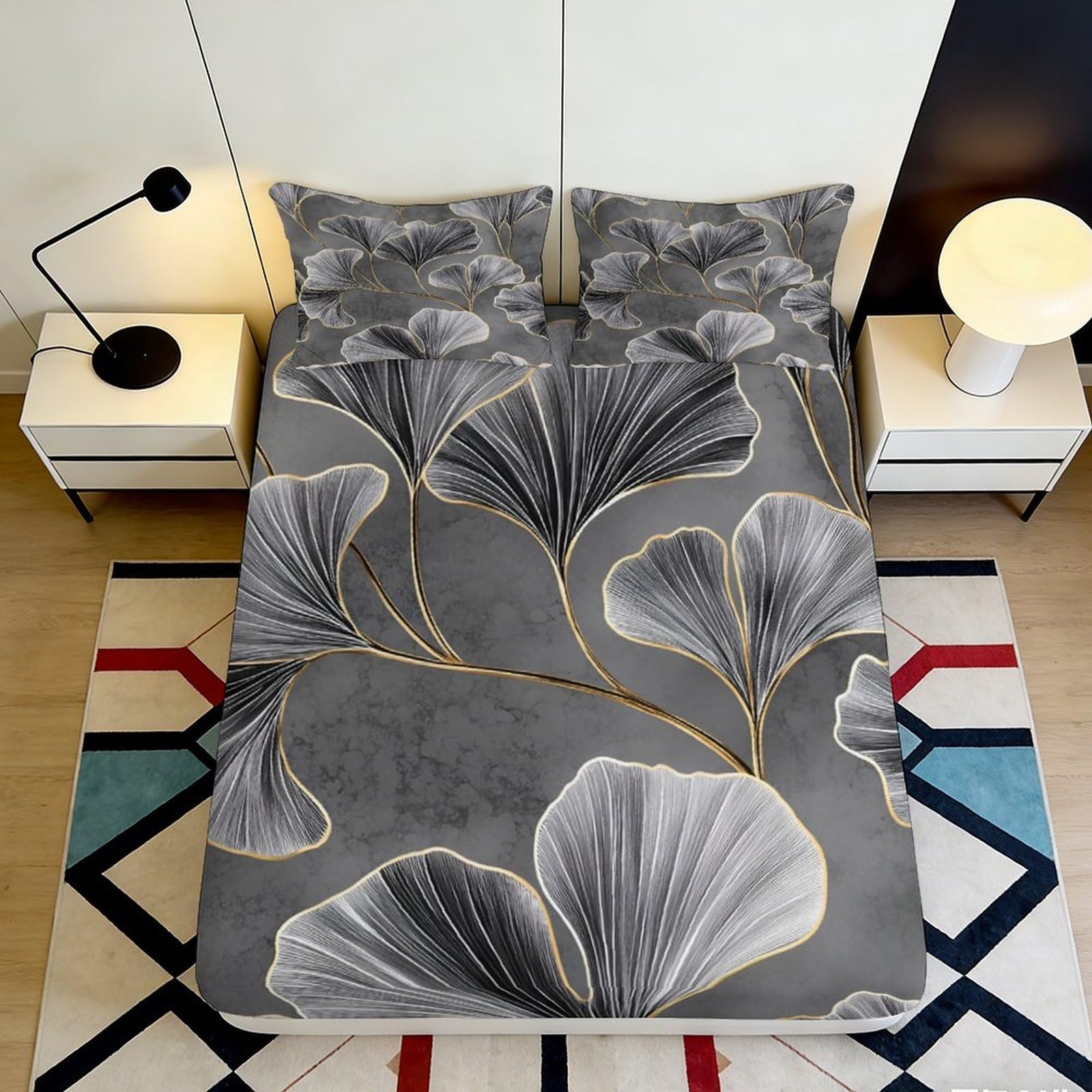 3D Printed Grey Ginkgo Leaf Fitted Sheet Microfiber Soft Breathable Abstract Floral Bed Cover for Bedroom Dorm Decor 90x200x25cm