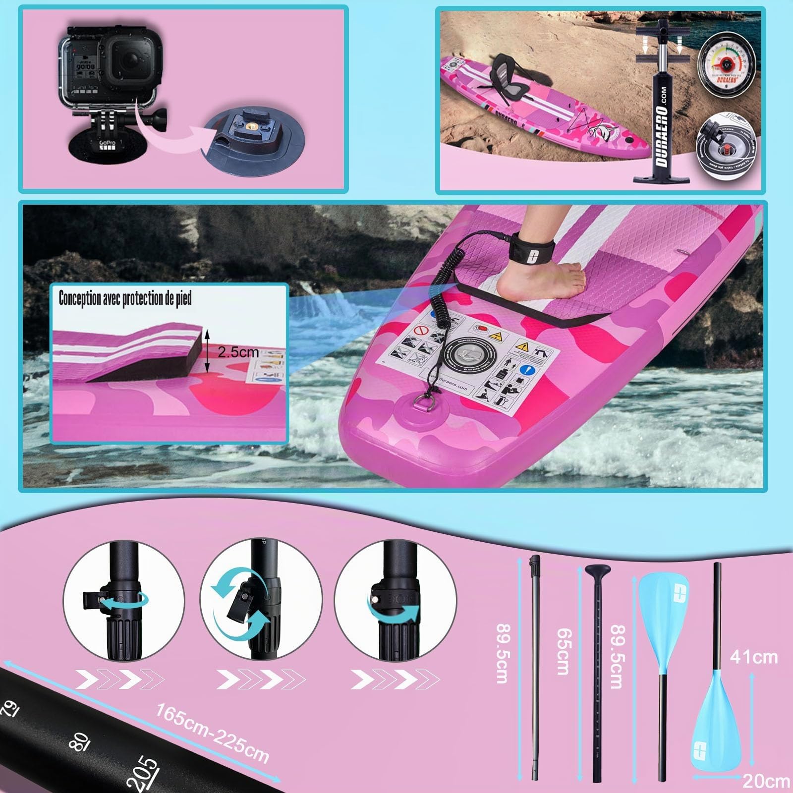 Stand up Paddle Gonflable Planches gonflables, siège Kayak,330 x 76 x 15 cm, jusqu'à 150 kg, Support GO-Pro,Pad intégré, 3 Ailes, Double pagaie réglable, Accessoires complets, Pink