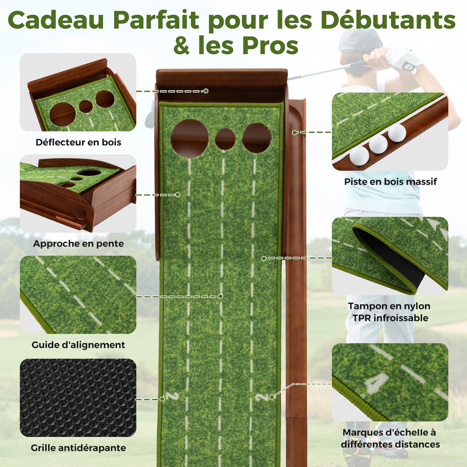COSTWAY Tapis de Putting Entraînement Golf avec 1/2/3 Trous, Golf Putting Piste de Retour Automatique de Balle, pour Intérieur/Extérieur