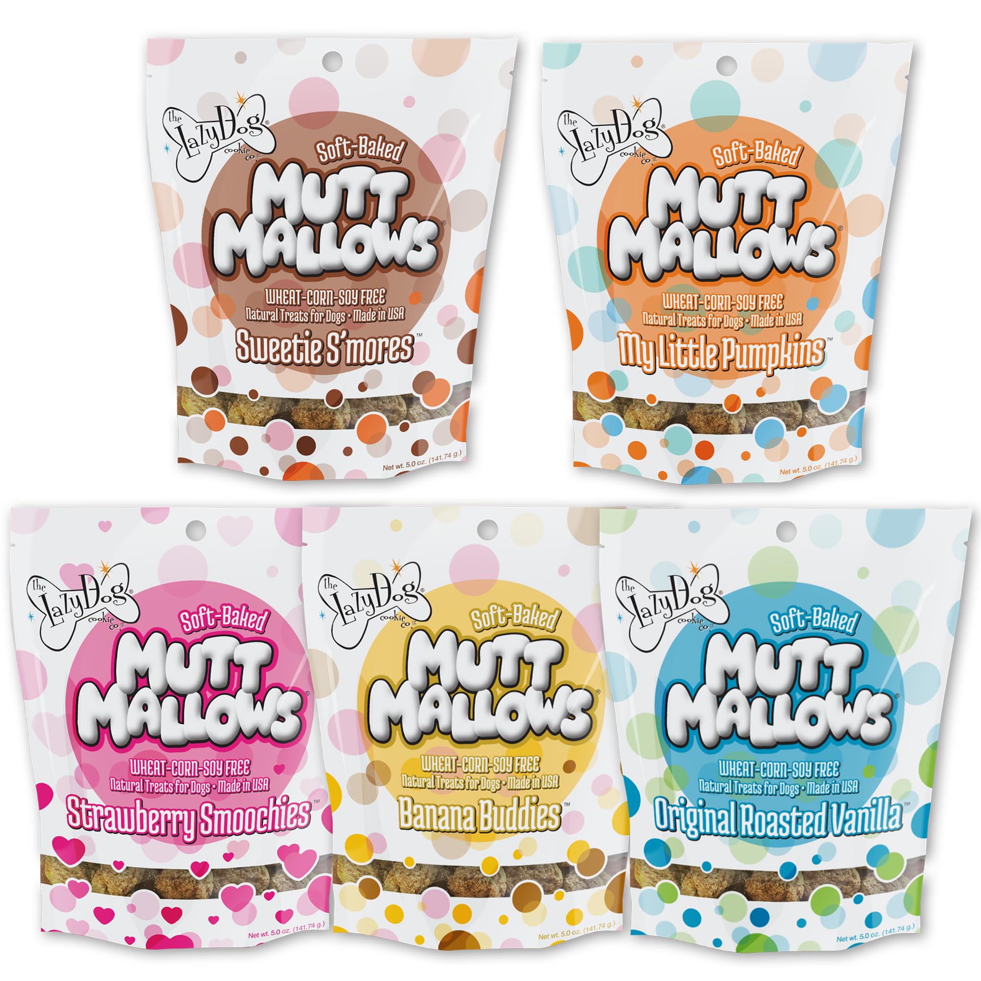 Lazy Dog Cookie Co. Mutt Mallows® Variety Pack 5 x 141g – Soft-Baked Natural Dog Treats – Includes Vanilla, Strawberry, Banana, Pumpkin & S’mores Flavours – Wheat, Corn & Soy Free – Made in the USA