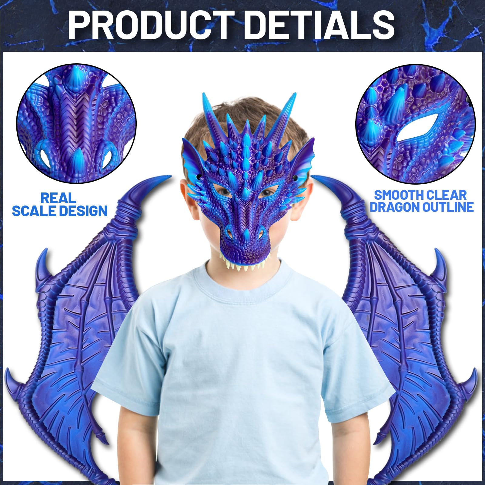 Disfraz de dragón para niños, juego de máscara de cola de dinosaurio, disfraz de Halloween para cosplay, máscara de disfraz de dragón para niños (azul frío) 3