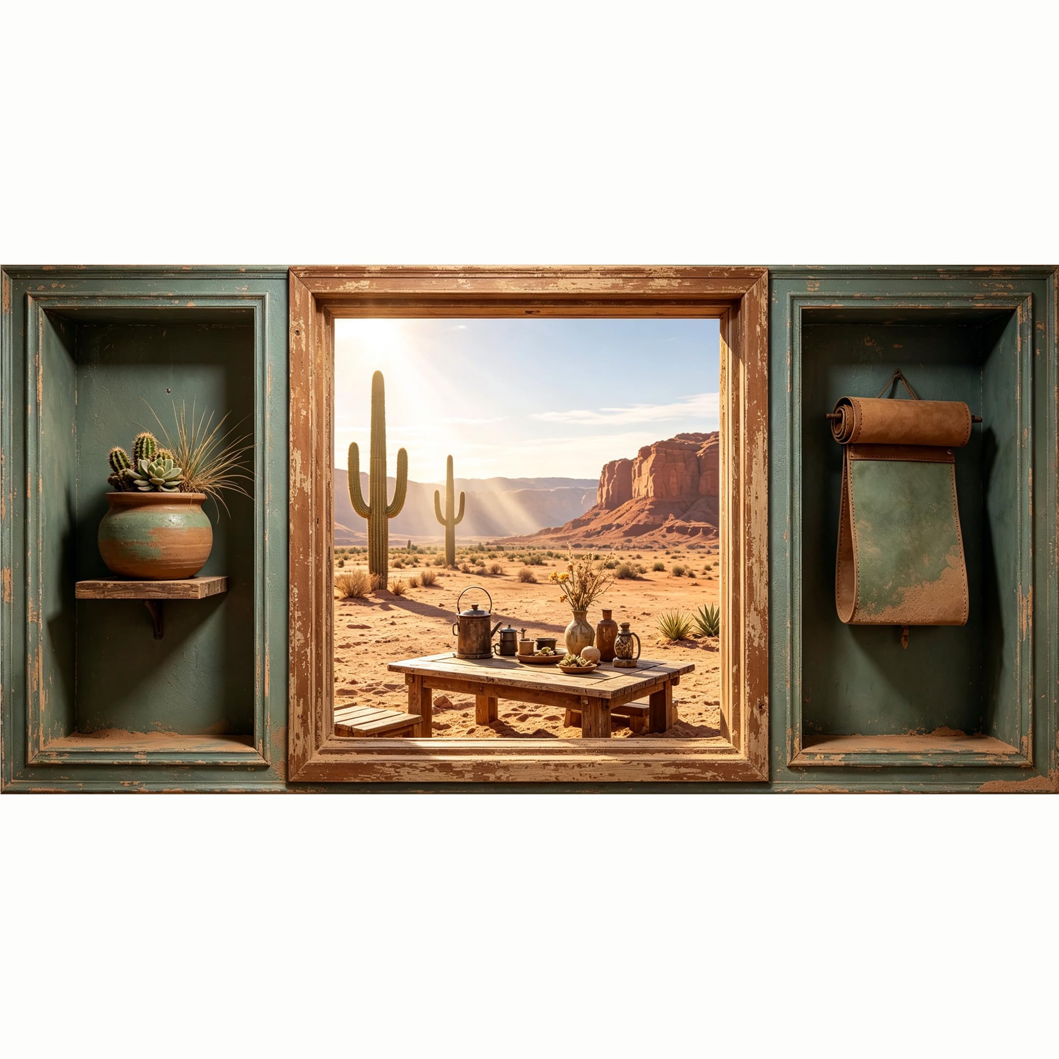 QZLITHOTIC 50x100cm 3D Framed Wall Art， Desert Landscape Saguaro Cactus Southwestern Rustic Table Self‑Adhesive Mural， Water‑Activated Peel & Stick Fabric Decor Wall Decal for Bedroom Living Room