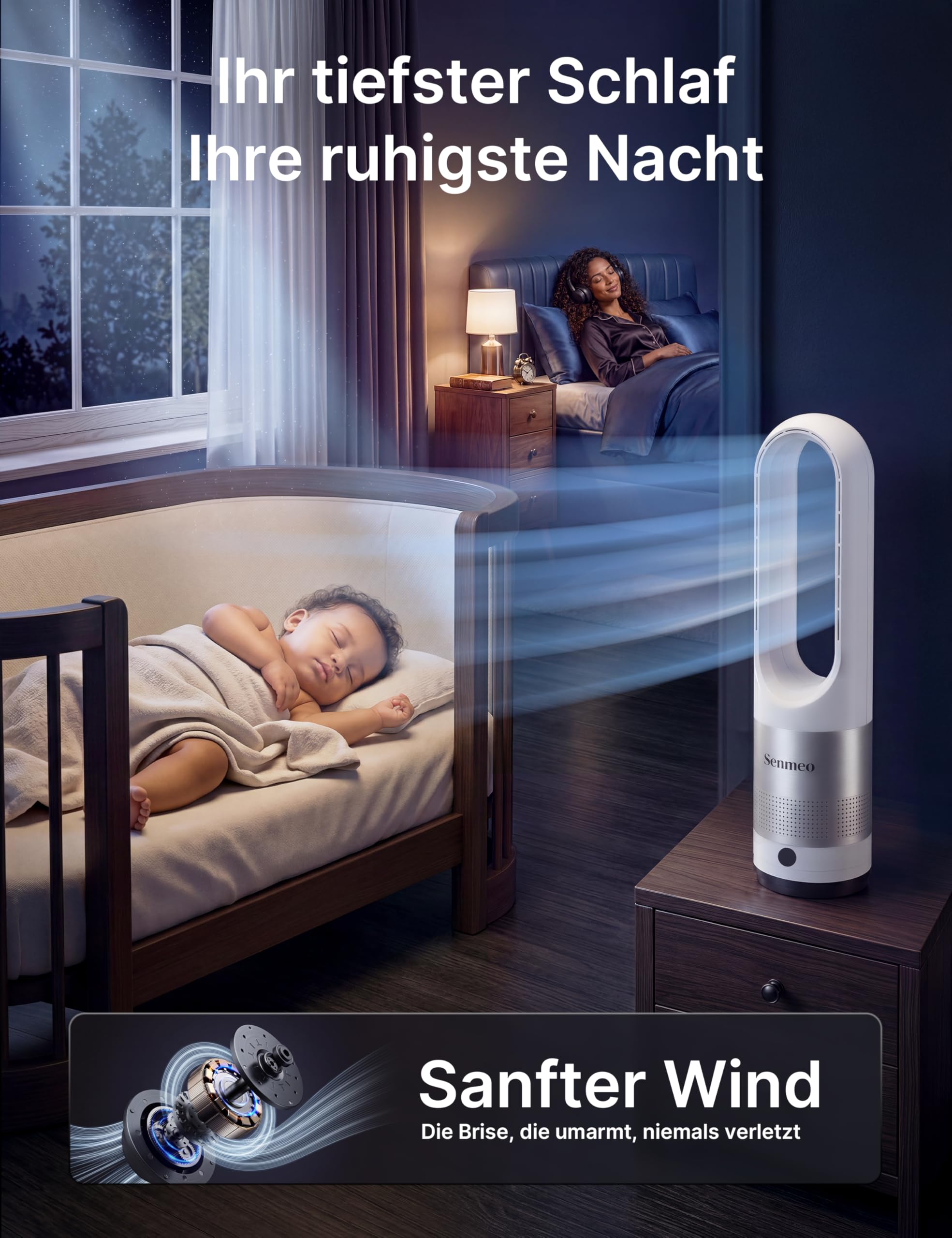 Rotorloser Turmventilator 55 cm | Fernbedienung, 90° Oszillation, 8 Geschwindigkeiten, 9H Timer, LED-Anzeige