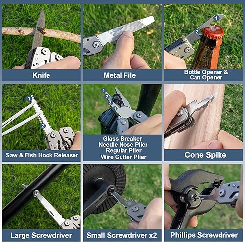 Miniatura 7 de Alicates multiherramienta de autobloqueo, 15 en 1 hechos a mano con funda de nailon, multiherramienta interior de resorte, regalo de cumpleaños,