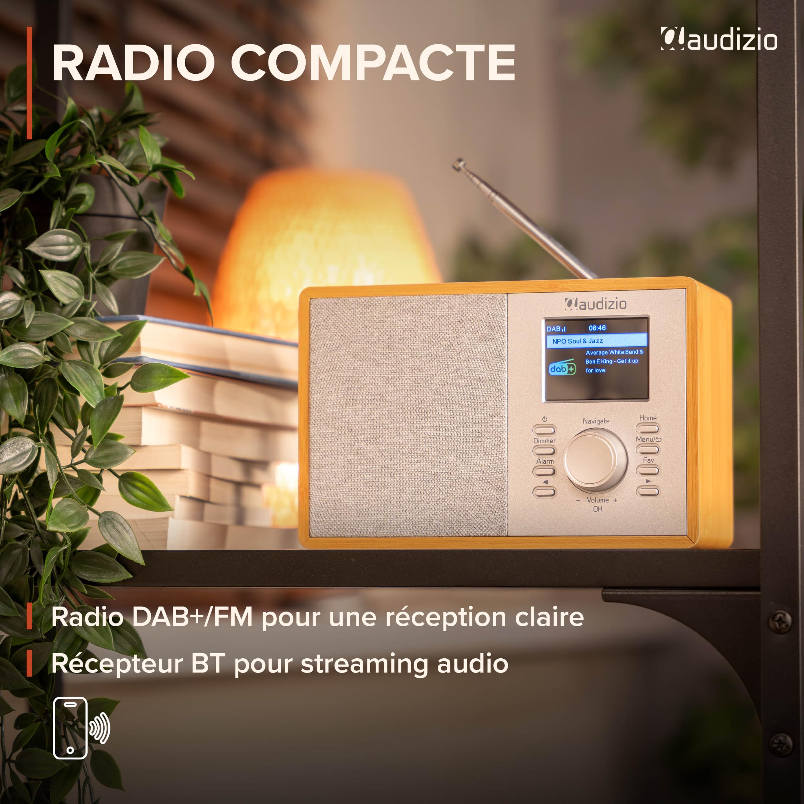 Audizio Cosa Radio Internet Wi-FI Dab+ FM BT 5.2 Bambou, Radio Numérique Compacte 30 W avec Écran Couleur 2,4", Plus de 32 000 Stations, Réveil, Entrée AUX et Sortie Casque