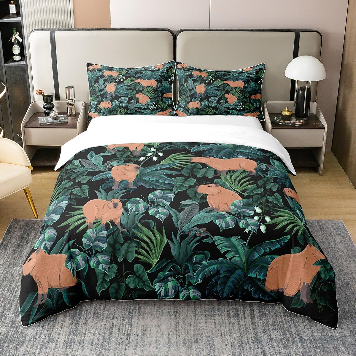 Homewish Funny Capybaras 100% Cotton Duvet Cover Single,Cartoon Capybara Stuffed Animals Comforter Cover,Tropical Palm Tree Leaves Bedding Set,Hawaiian Green Summer Quilt Cover Soft Breathable 2Pcs