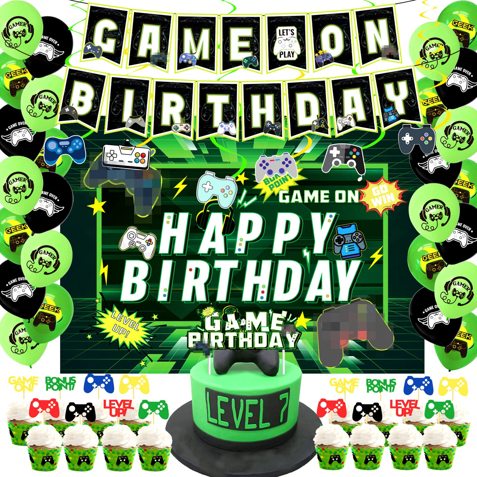 Amazon.com: 61 Pcs Video Game Birthday Party Supplies Decorations Set  Include Video Game Backdrop Banner Happy Birthday Background Cloth Green  Black Gamer Balloons Hanging Swirls Cake Toppers for Birthday Party : Toys