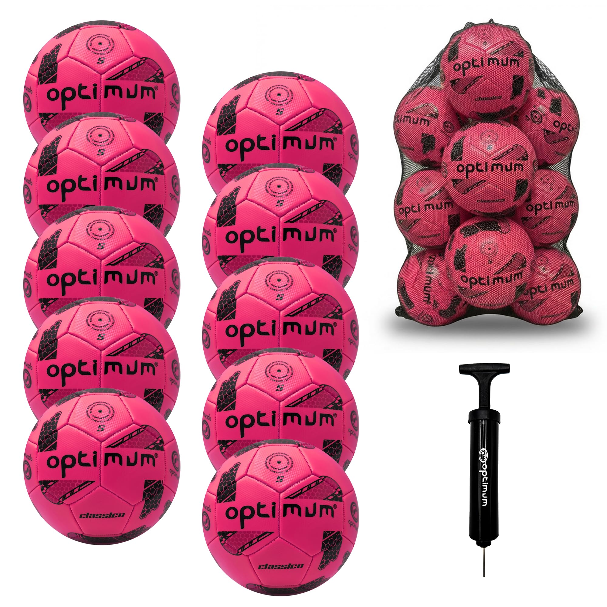 Optimum Sport Classico Football Bulk Pack with Bag & Ball Pump for Indoor/Outdoor Training & Matches, Durable Valve for Consistent Flight & Lasting Air Retention – 10 Pack, Size 3, Pink