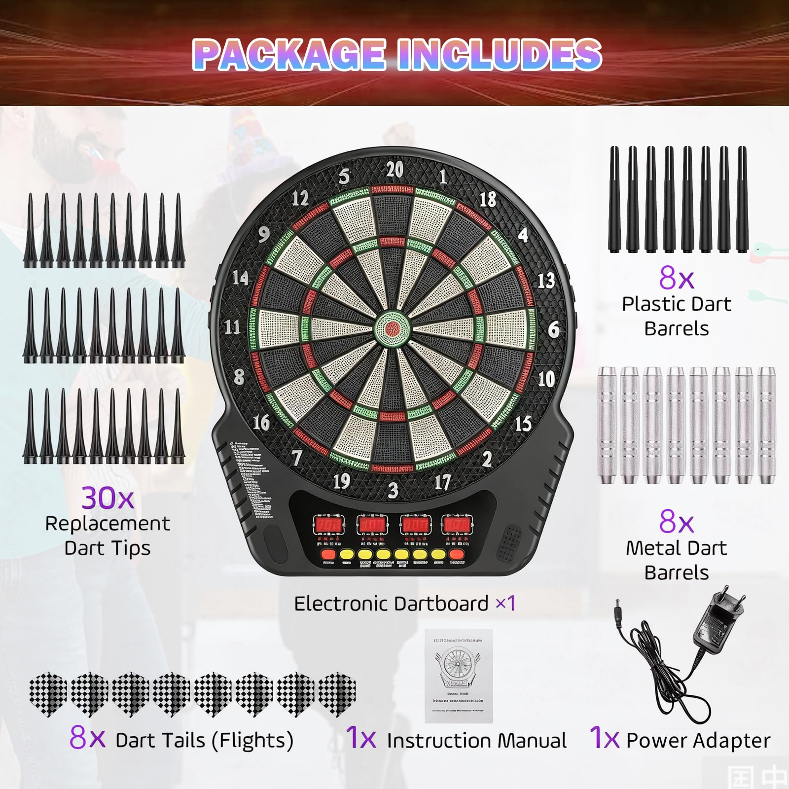 Cible Flechette Electronique, Jeu de Fléchettes Électronique avec 4 Écrans LCD, 27 Modèles de Jeux pour Jusqu’à 16 Joueurs, Fléchettes à Pointe Plastique Sécurisées pour Maison, Bureau et Bar