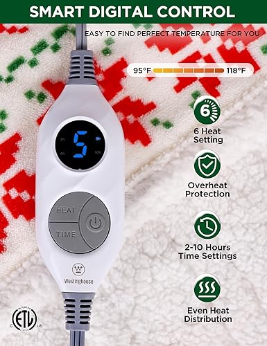 Miniatura 3 de Westinghouse Manta térmica, manta eléctrica de franela súper suave a sherpa con 6 niveles de calefacción y apagado automático de 2 a 10 horas,