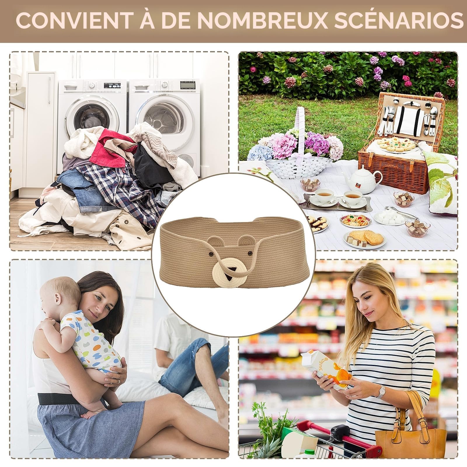 Couffin portable pour bébé - En corde de coton - Pour l'extérieur et les voyages en voiture, 2826582/120260AM95US698, Ours Kaki.