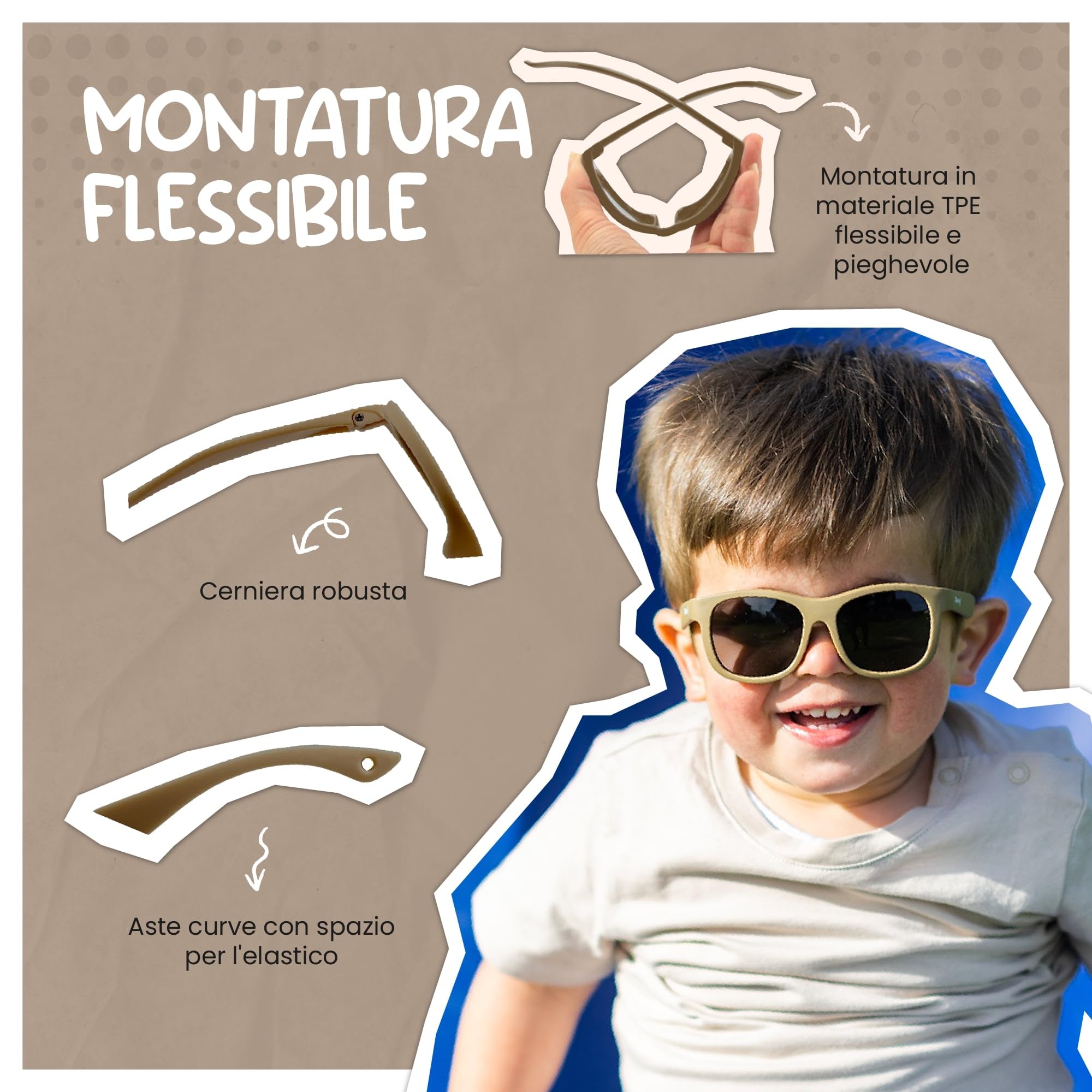 Occhiali da Sole Bambino 1-3 Anni - Lenti Polarizzate UV400 Categoria Filtro 3 - Montatura Flessibile con Fascia Regolabile - Design Quadrato, Sicuri e Confortevoli - Luca