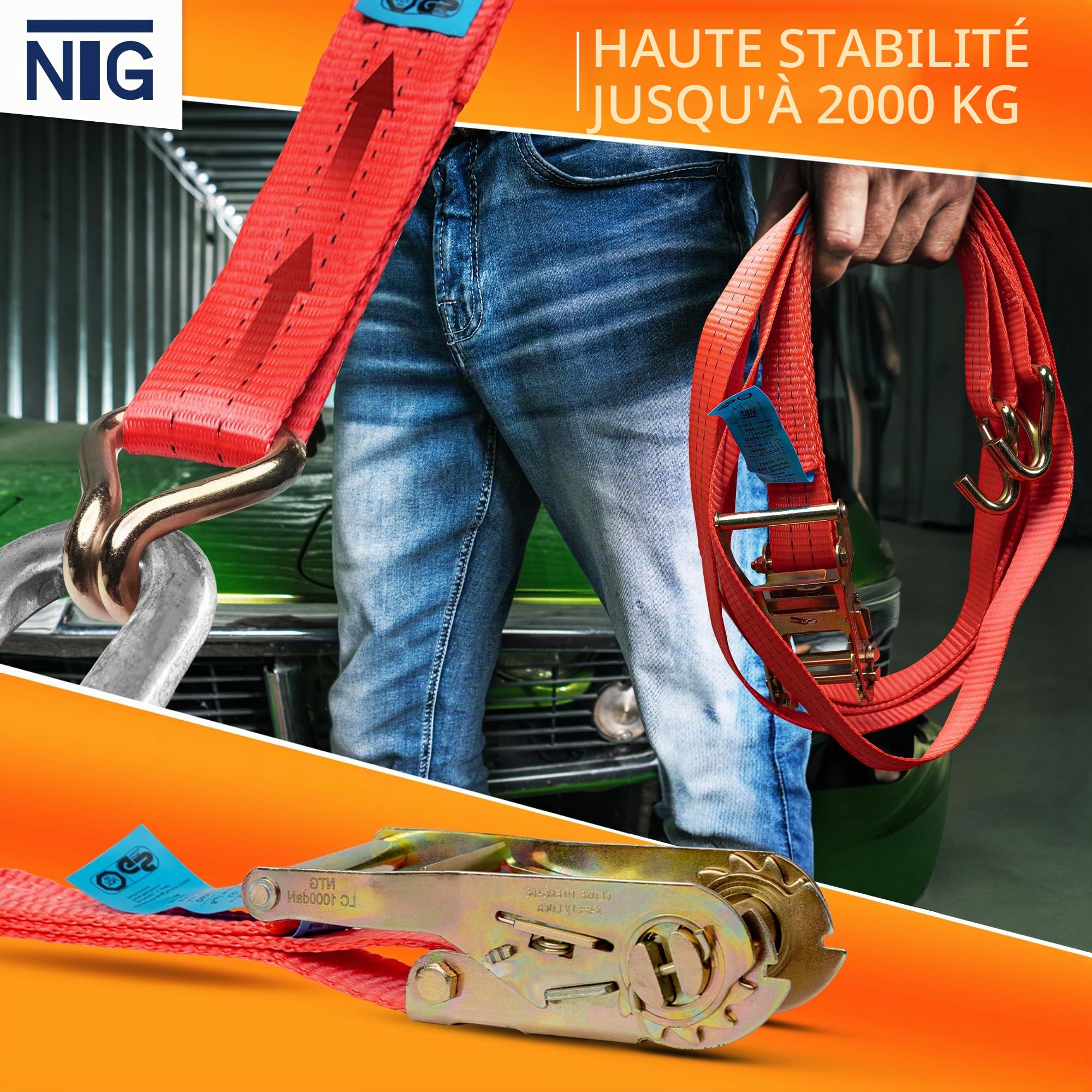 NTG Lot de 10 sangles d'arrimage à cliquet - Crochets de 2 000 kg - 6 m de long - Certifiées TÜV/GS - 2 pièces de 35 mm de large - Sangles d'arrimage - Certifiées TÜV GS et selon DIN EN 12195-2