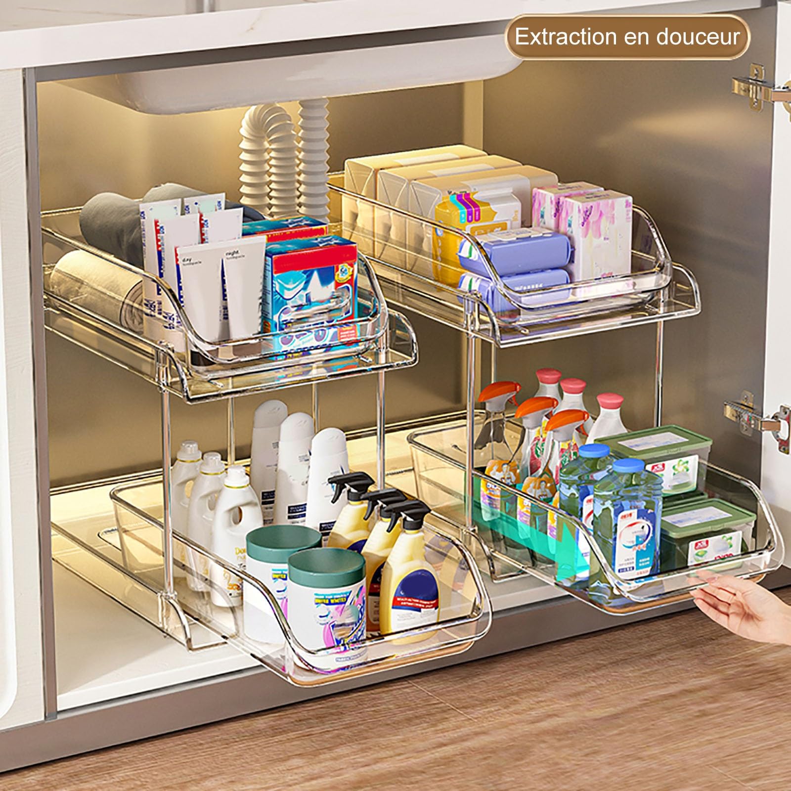 Organizador Bajo Fregadero de 2 Niveles para Debajo del Fregadero de Baño: Organizador Limpieza para Cocina y Baño, Diseño de Despensa Que Ahorra Espacio