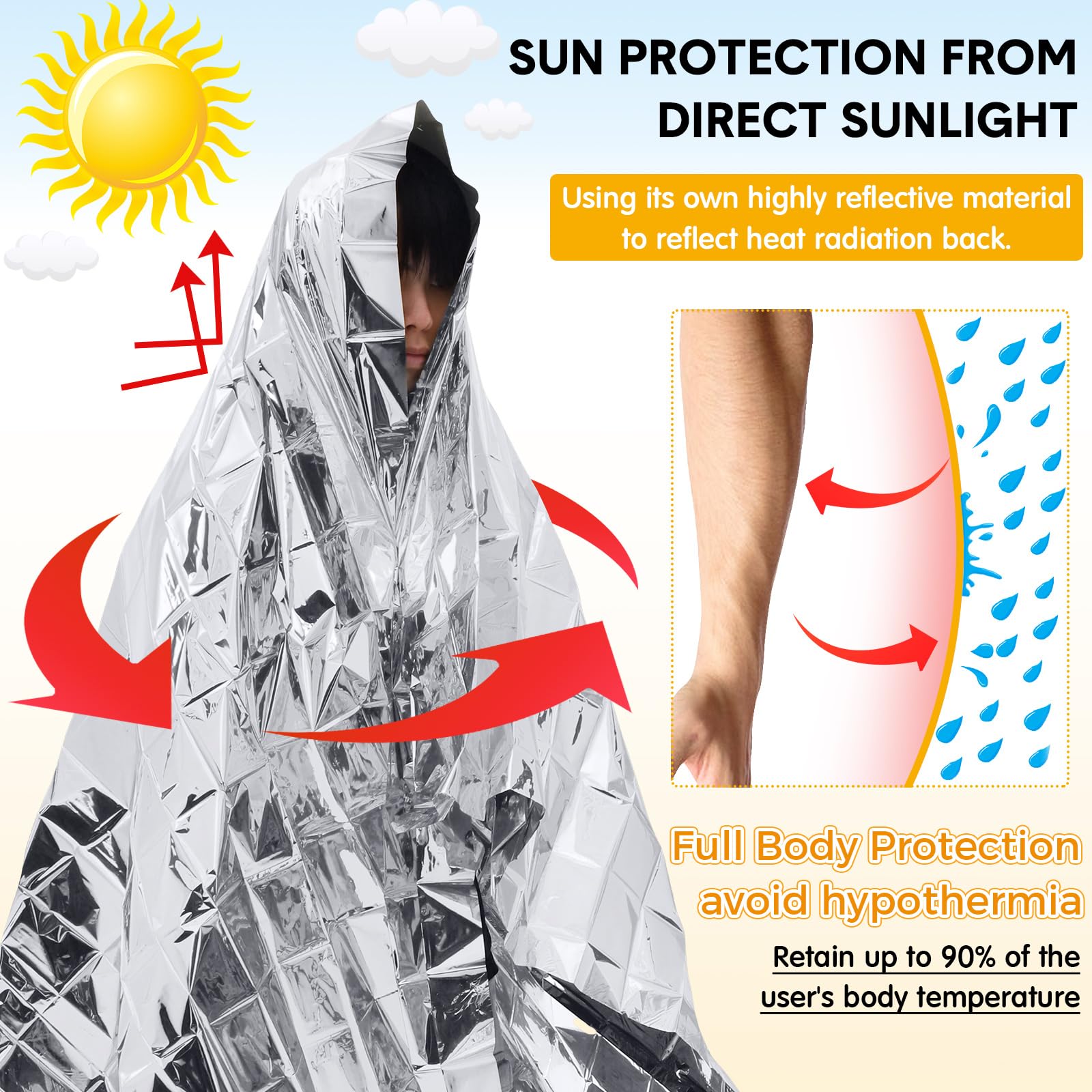Copkim 100 mantas térmicas de emergencia de Mylar a granel, manta de supervivencia de 83 x 55 pulgadas, envueltas individualmente para exteriores, manta de emergencia para coche, senderismo, camping,