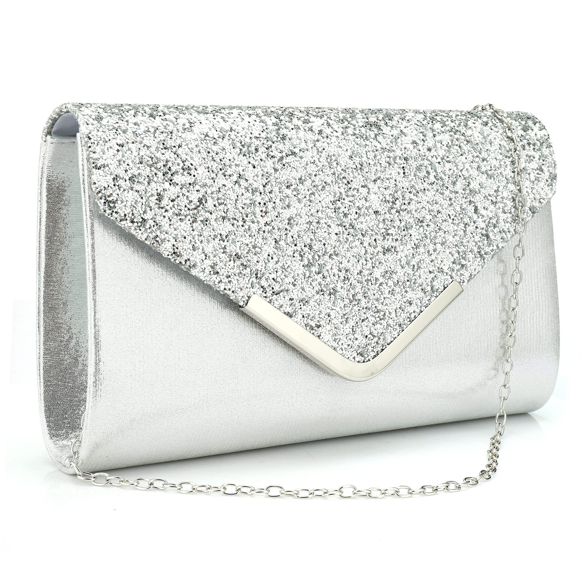 Milky Way Pochette Enveloppe Soirée Sac à Main Mariage En Paillettes Brillan Bandouliere Chic Et Elegant Clutch Argenté Avec Chaîne pour Femme