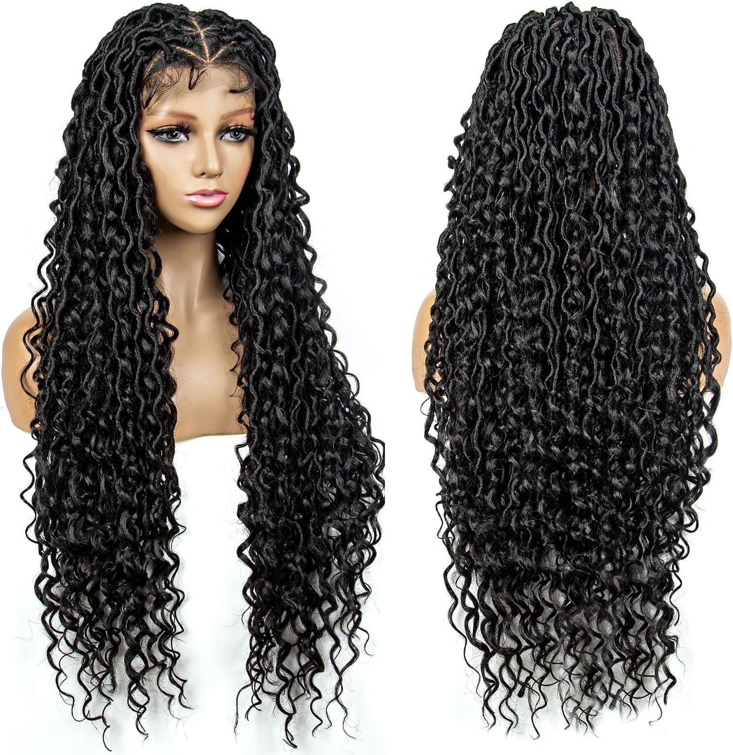 sedittyhair Braided Wigs for Black Women Synthetic Full Lace Wig Braided Wigs Knotless Box Braided Wigs Braid Braiding Hair Water Wave Wavy Braids Wigs 36 inches (1B Color)