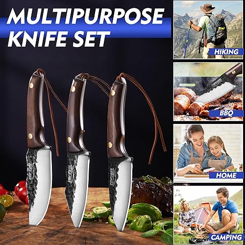 Miniatura 3 de Topfeel Juego de 3 cuchillos vikingos con funda forjado a mano, cuchillo de carnicero para carne, cuchillo de cocina japonés para el hogar, al aire