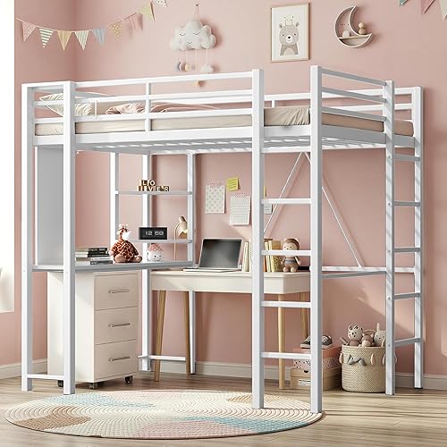 Nuturelly Loft Bed Twin Size with Desk and Storage Shelves, Metal Bed Frame with with 2 Side Ladders for Teens & Adults, Space-Saving, Noise-Free, No Box Spring Needed, White