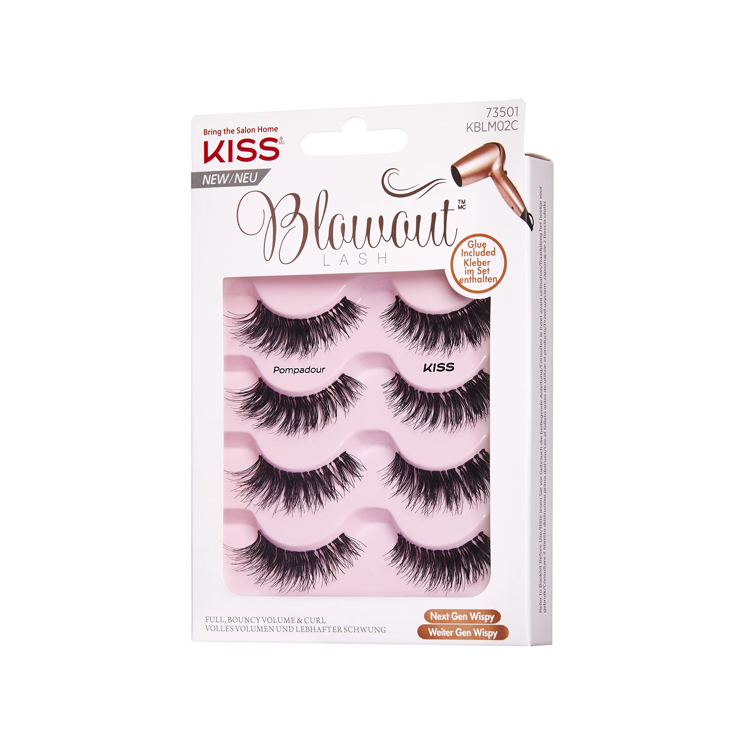 Kiss sztuczne rzęsy Blowout - Pompadour, Multlipak 4 pary rzęs, 1 klej 1g