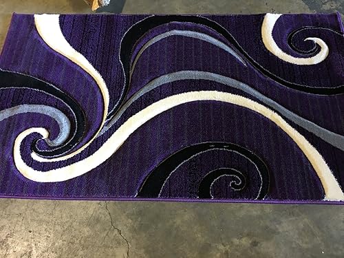 Miniatura 6 de Tapete moderno para puerta, color morado, negro y gris, alfombra de área contemporánea Swirl Contempo 344 (2 pies x 3 pies 4 pulgadas)