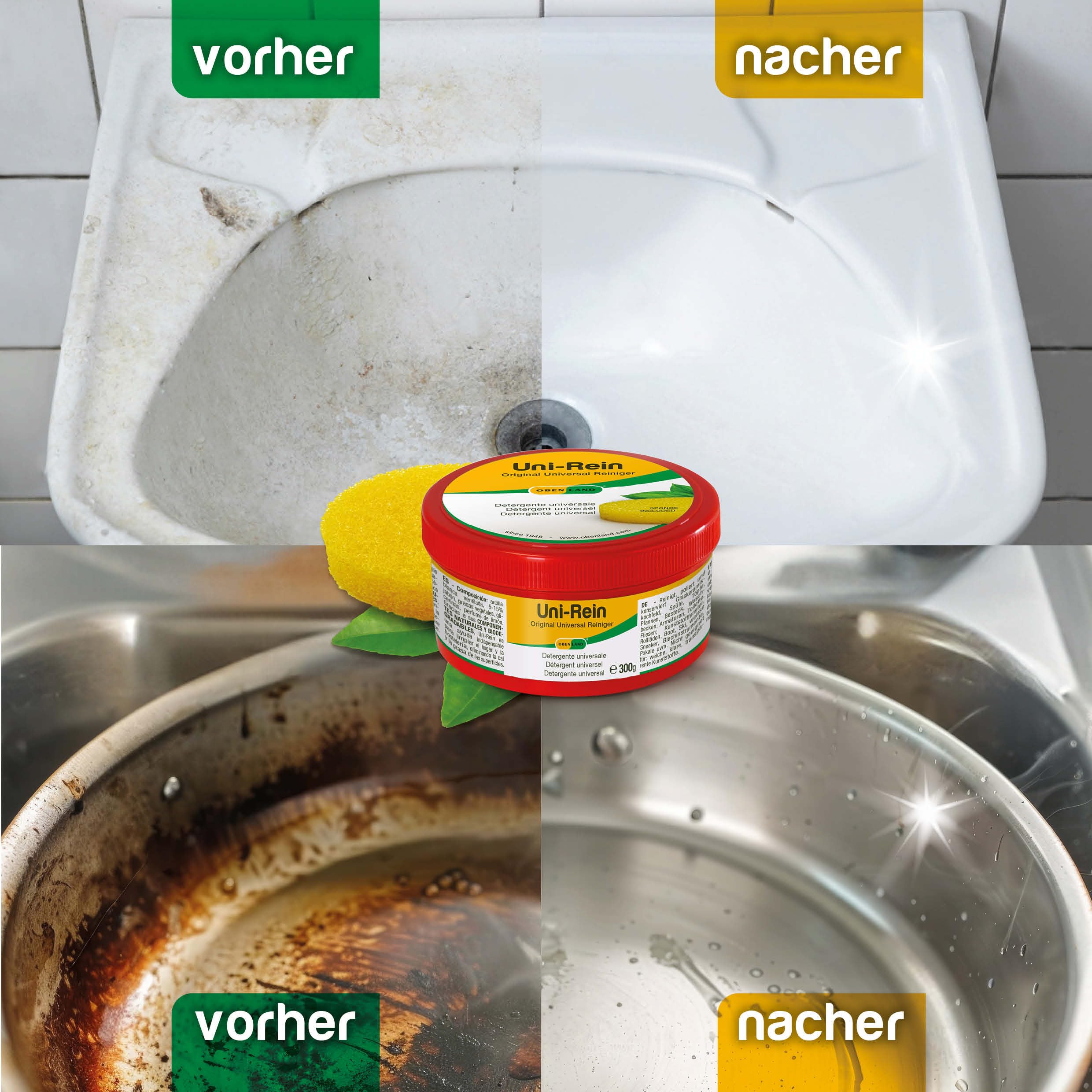 Obenland Uni-Rein Detergente solido per la pulizia ecologica - Pulitore universale per tutte le superfici in cucina, bagno, WC e rubinetti, finestre, sneakers. 3 barattoli da 300g, con 3 spugne