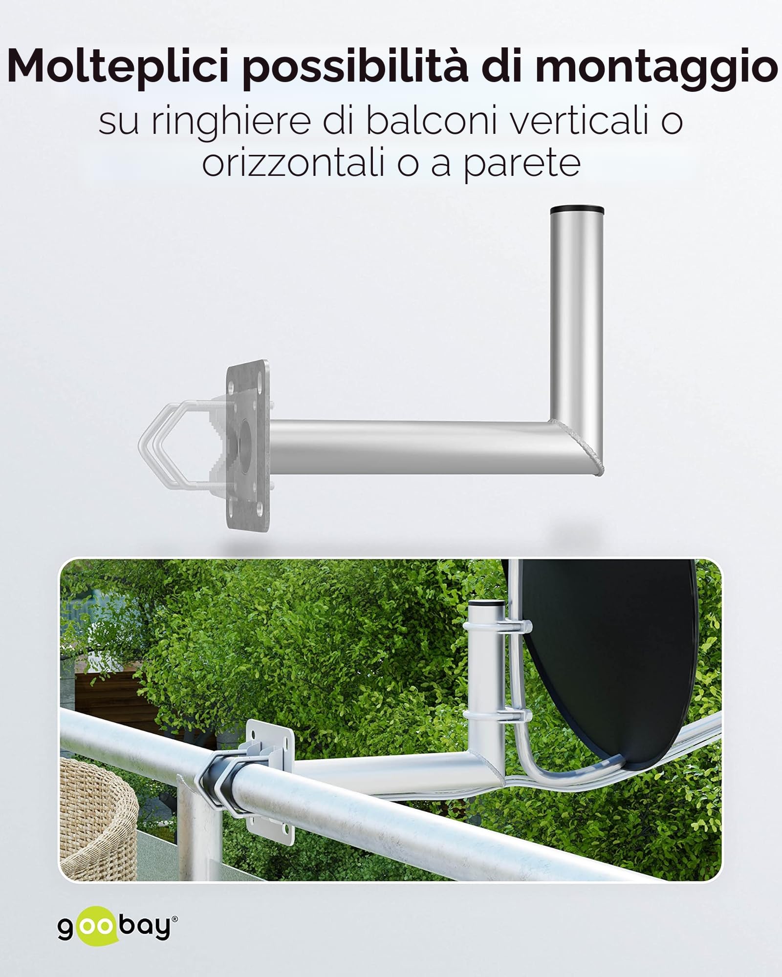 goobay 60503 Sat - Supporto da parete con foro per balcone/supporto per parabola satellitare fino a max. 85 cm, supporto per asta angolare, supporto da parete, supporto per antenna con distanza dalla