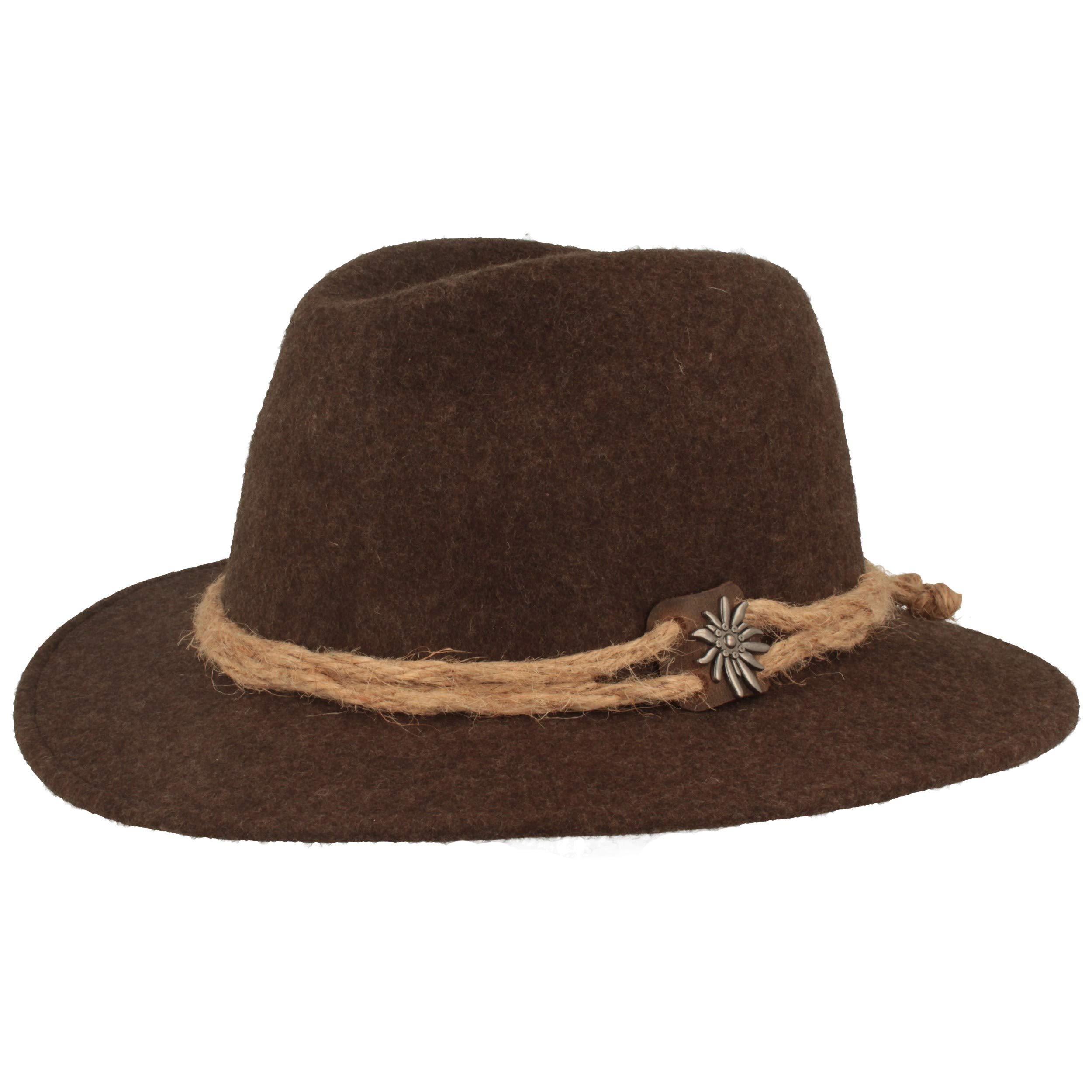 Breiter Chapeau traditionnel original pour homme, en feutre, style tyrolien, 100 % laine, cordon de chanvre, edelweiss et bord étroit