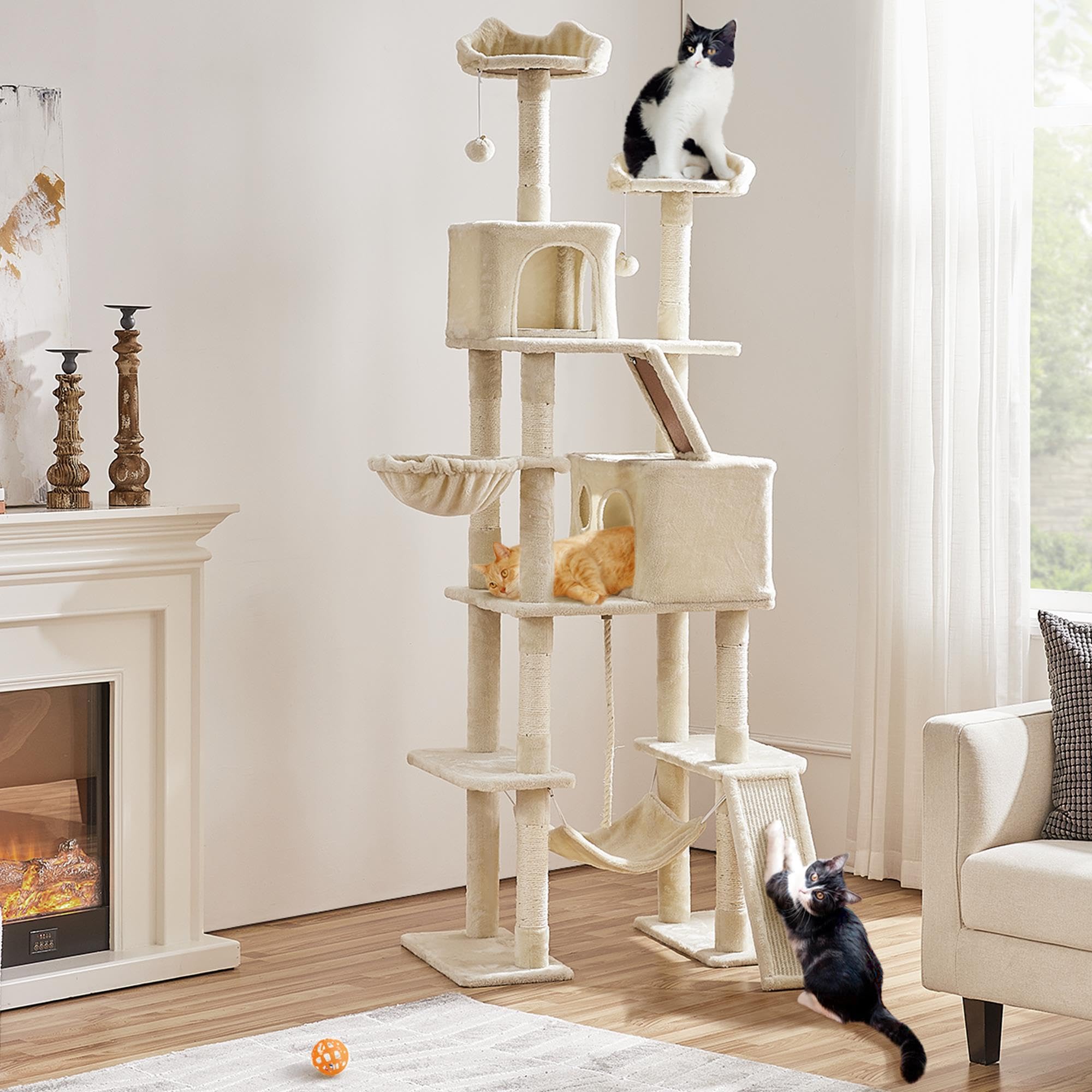 Yaheetech Albero Tiragraffi per Gatti Altezza 209 cm in Truciolato e Corda in Sisal con Condomini Posatoi e Amaca per Gioco e Pisolini Multilivello Beige