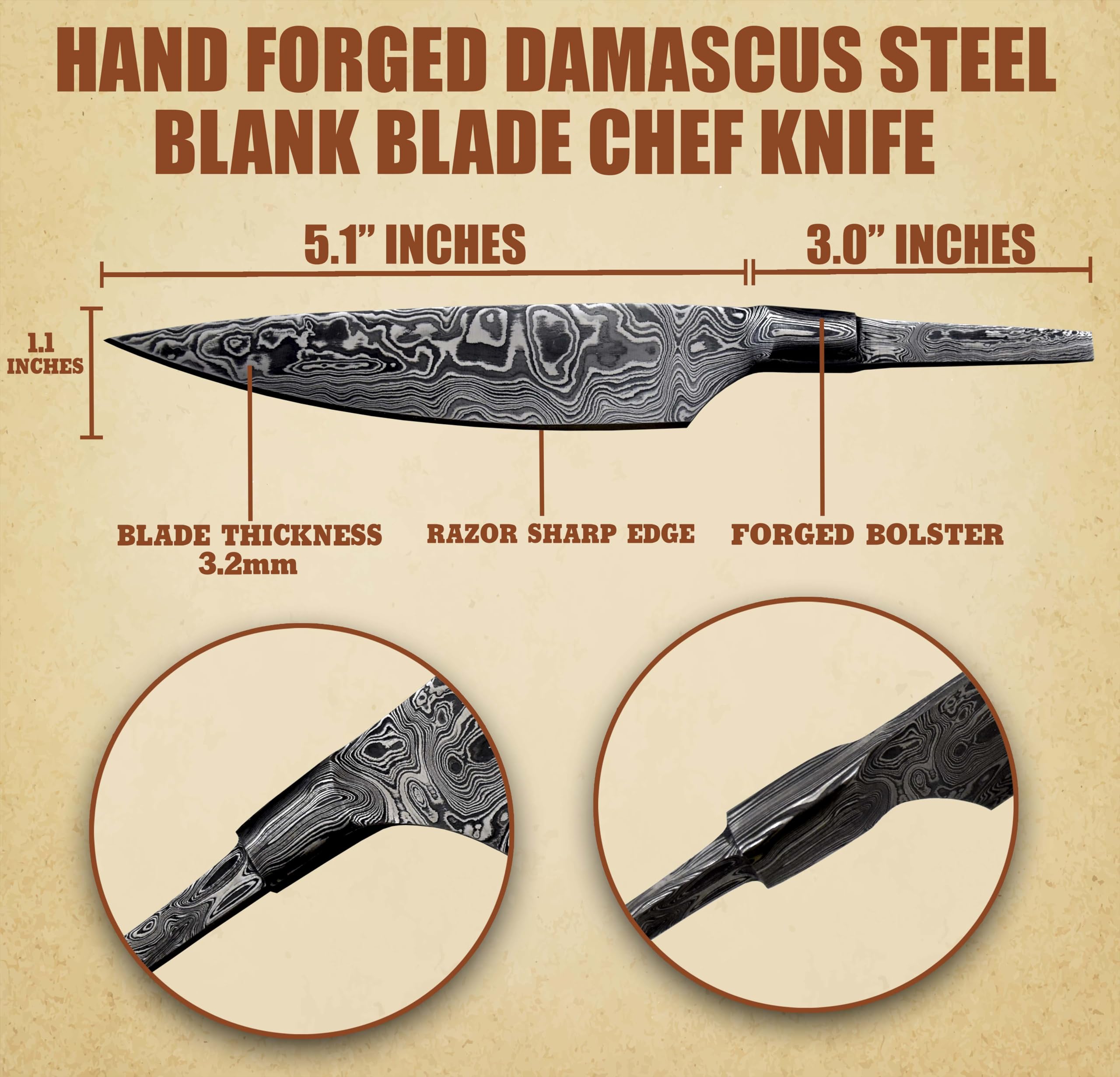 Custom Hand Forged Damascus Steel Blank Blade Chef Kitchen Knife, Forged Bolster, Woodworking Project Kit, Damascus Billet Bar Handmade Knife Making Supply (FBB-C) — Amazon image 9