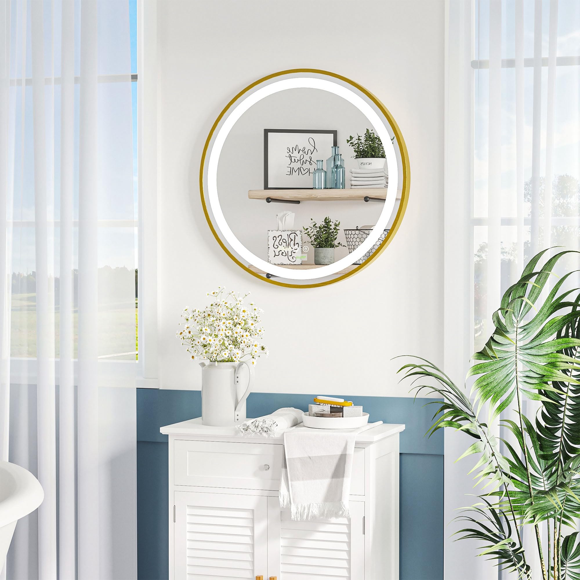 kleankin Espejo de Baño con Luz LED Ø60x4 cm Espejo Redondo 3 Luces Dorado | Interruptor Táctil, Ajustable, Visualización de Temperatura y Hora, Función de Memoria, Marco de Aluminio